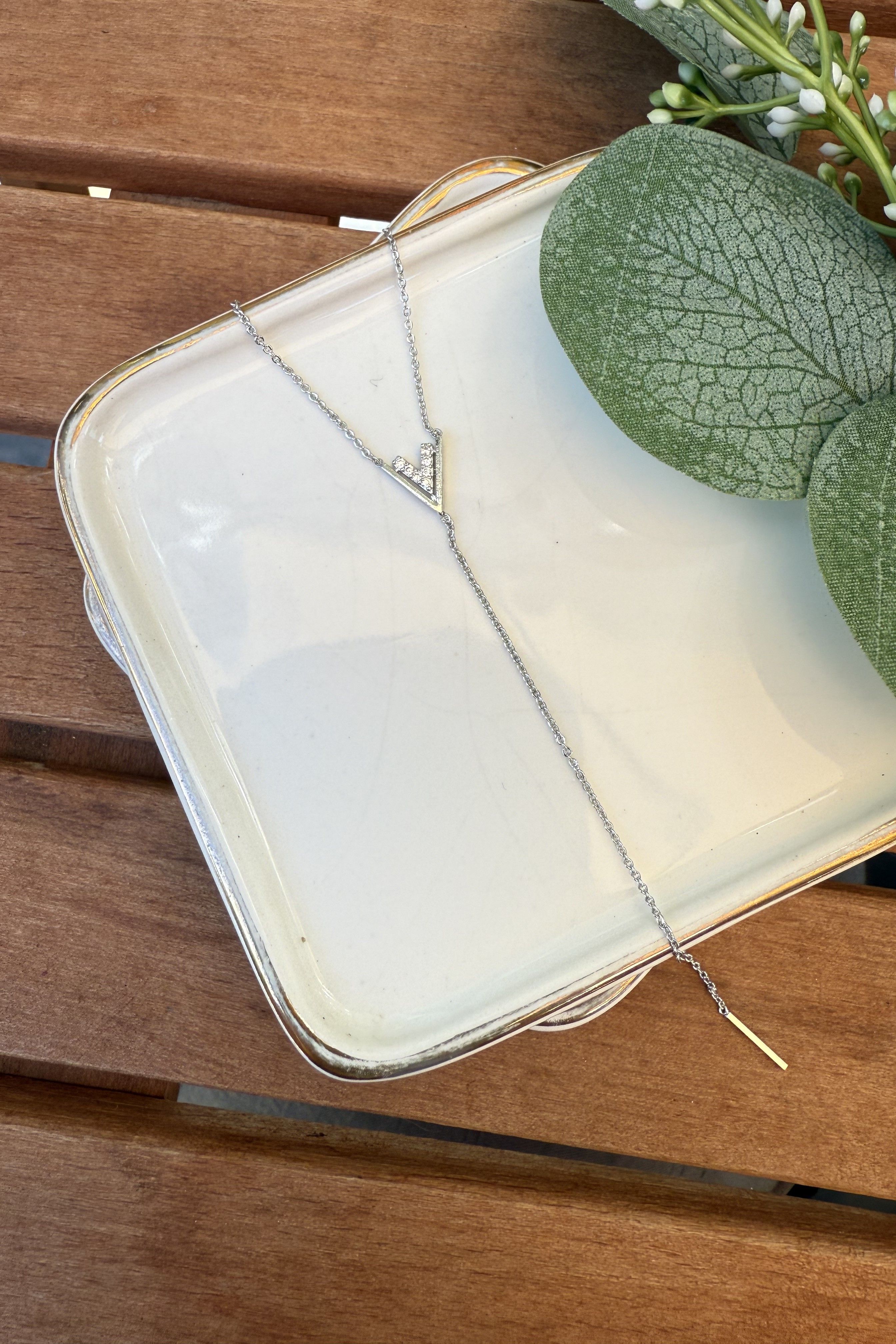 14K Altın Kaplama Taşlı V, Y Kolye Silver 45cm