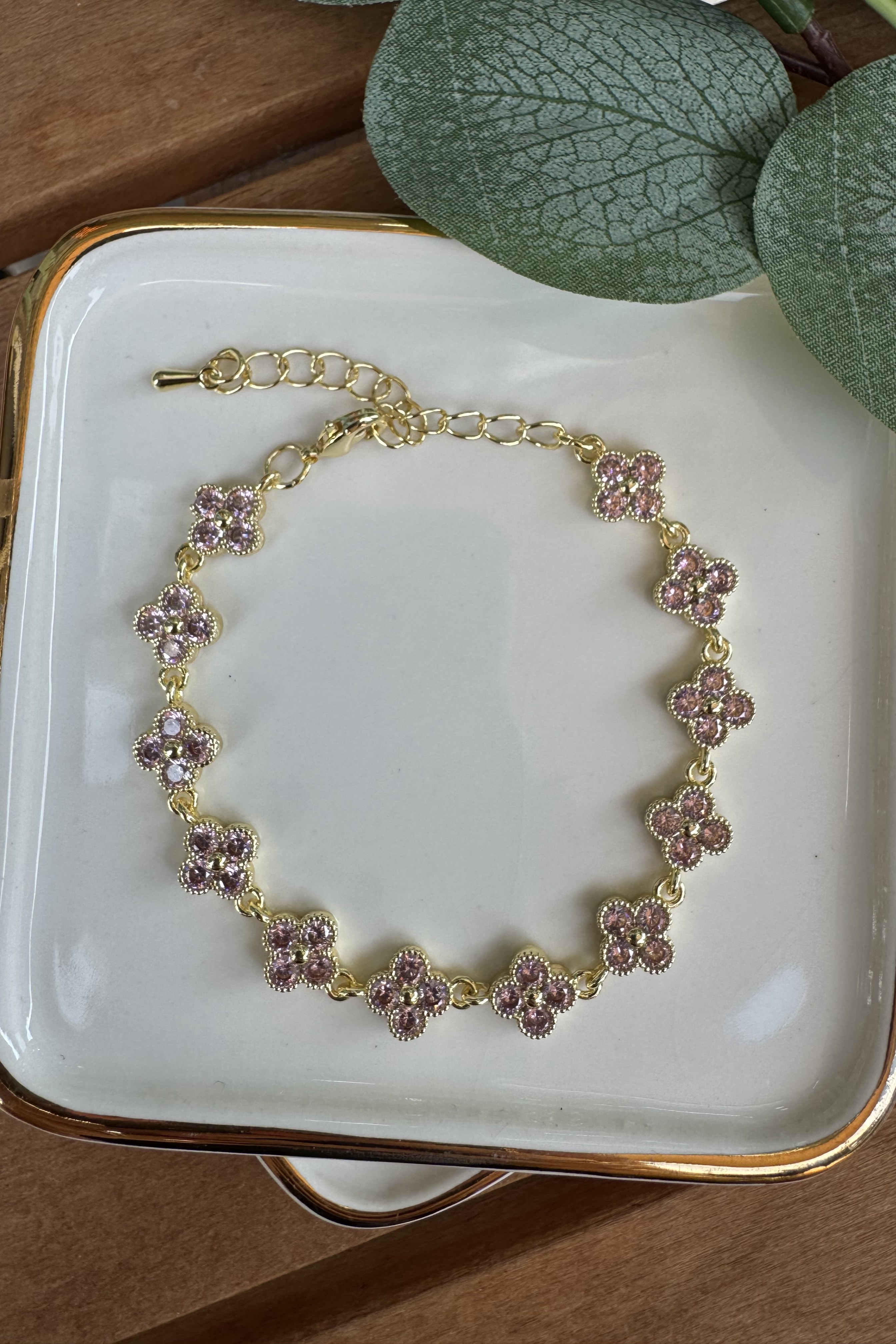 Bronz Pembe Taşlı Yonca Bileklik Gold 15+6cm