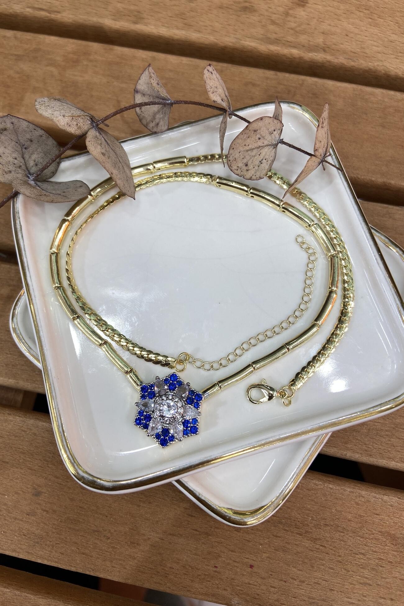 14K Altın Kaplama Mavi Taşlı Elmas Montür Kolye 43cm