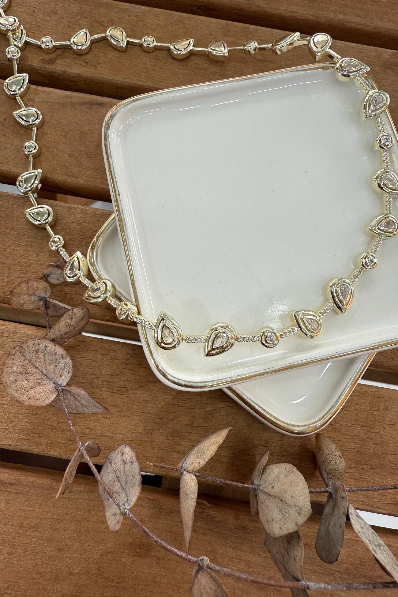 14K Altın Kaplama Damla Taşlı Kolye 49cm