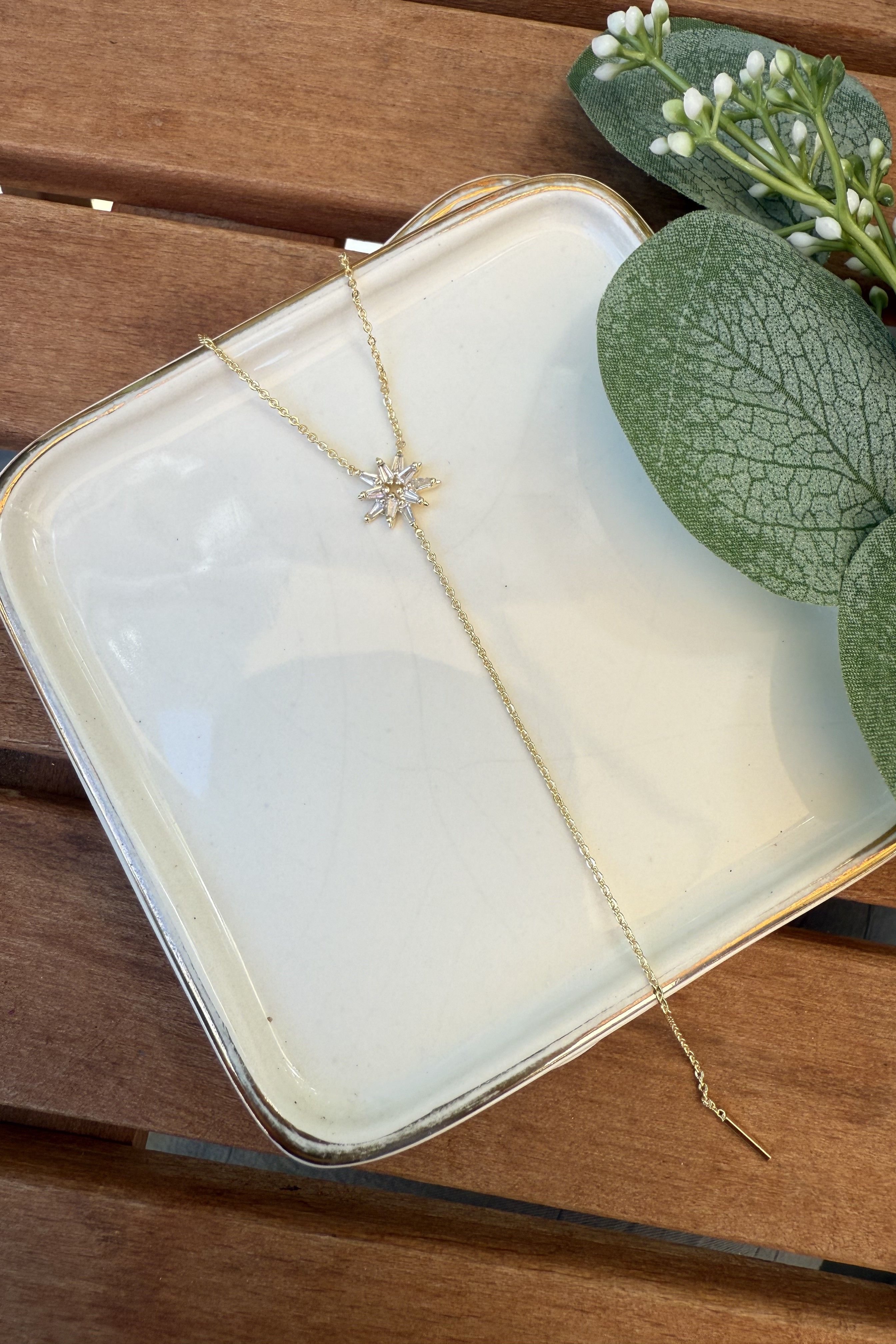 14K Altın Kaplama Taşlı Çiçek Y Kolye Gold 45cm