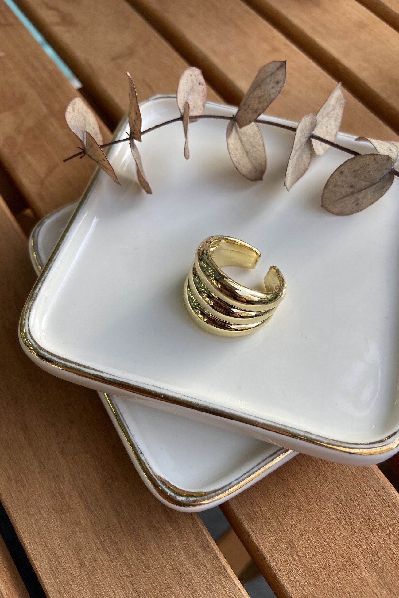 14K Altın Kaplama Üç Sıra Bombeli Yüzük Gold