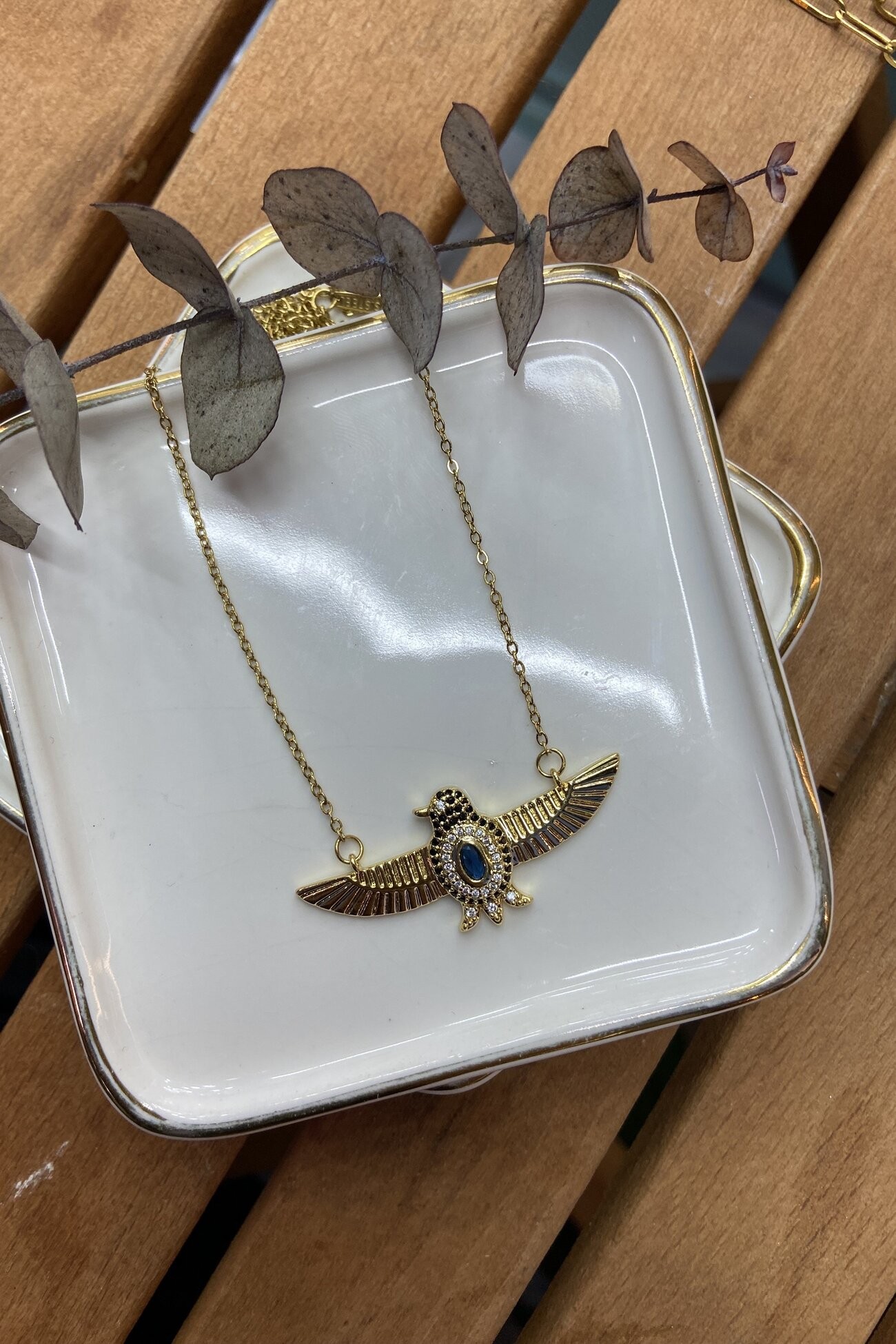 Çelik Lacivert Taşlı Kuş Kolye Gold 49 cm
