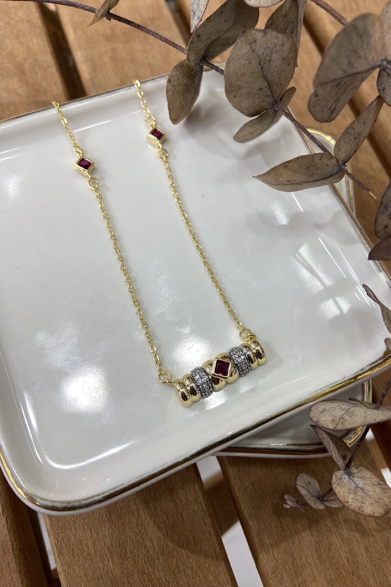 14K Altın Kaplama Fuşya Taşlı Etnik Kolye 53cm