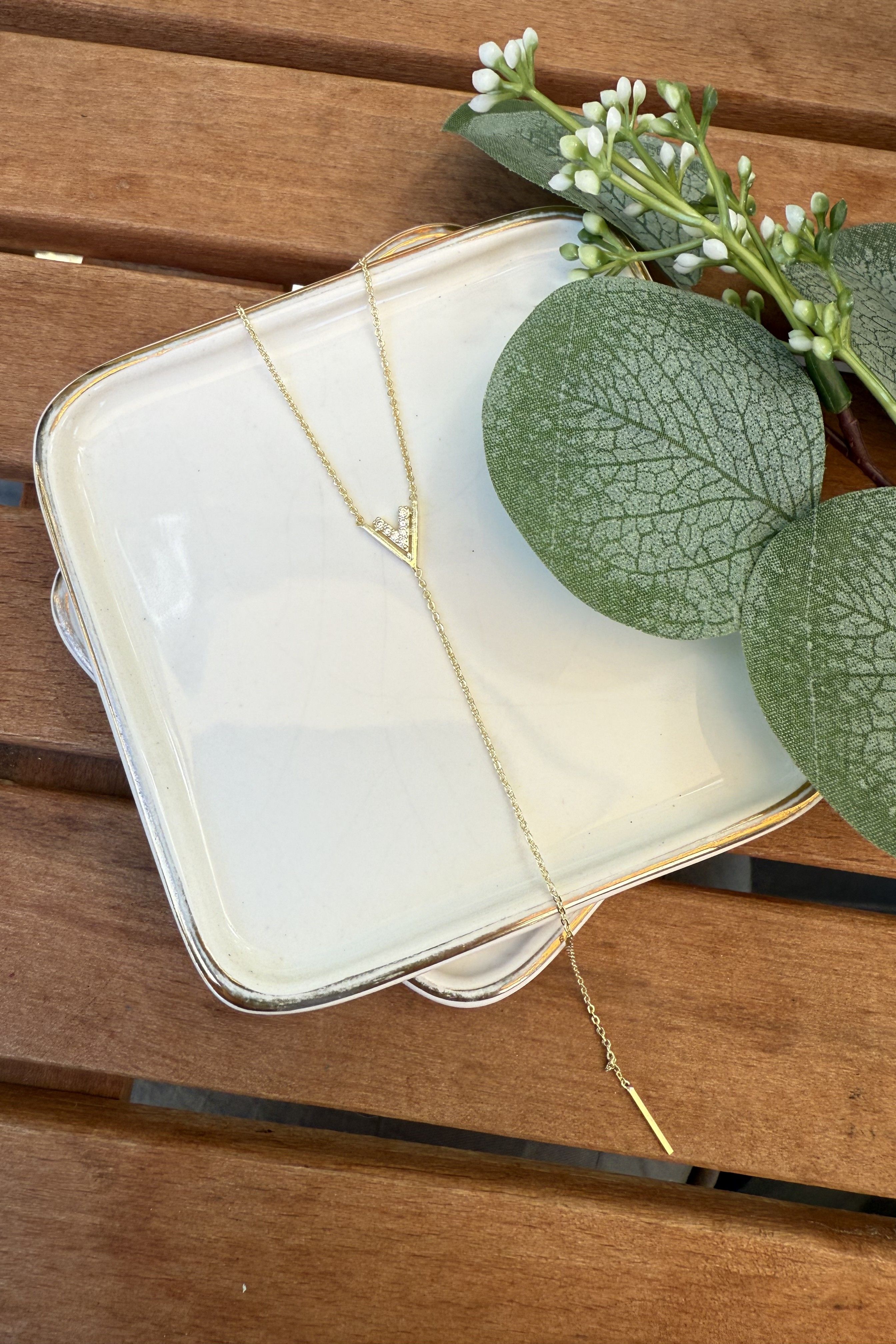 14K Altın Kaplama Taşlı V, Y Kolye Gold 45cm
