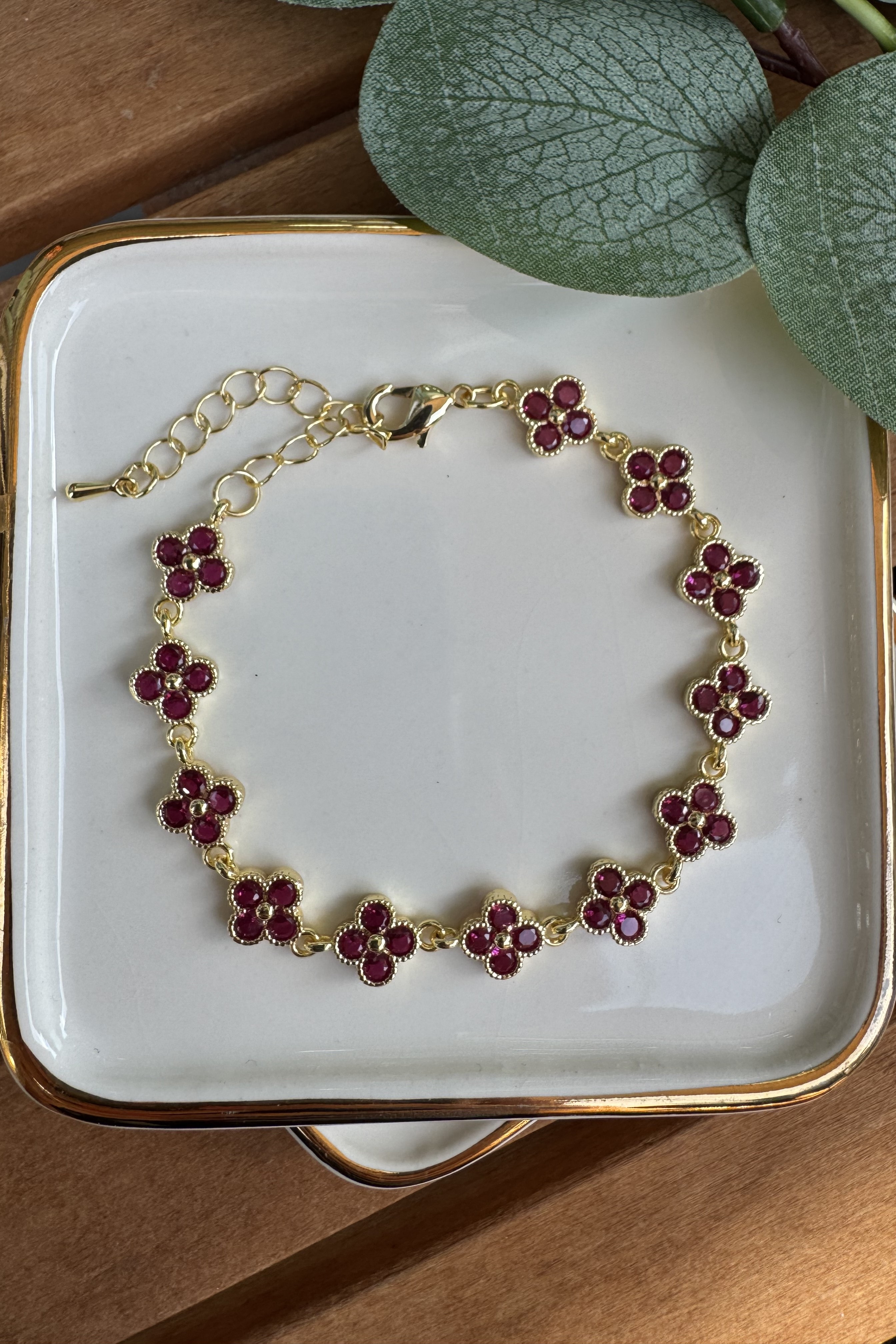 Bronz Fuşya Taşlı Yonca Bileklik Gold 15+6cm