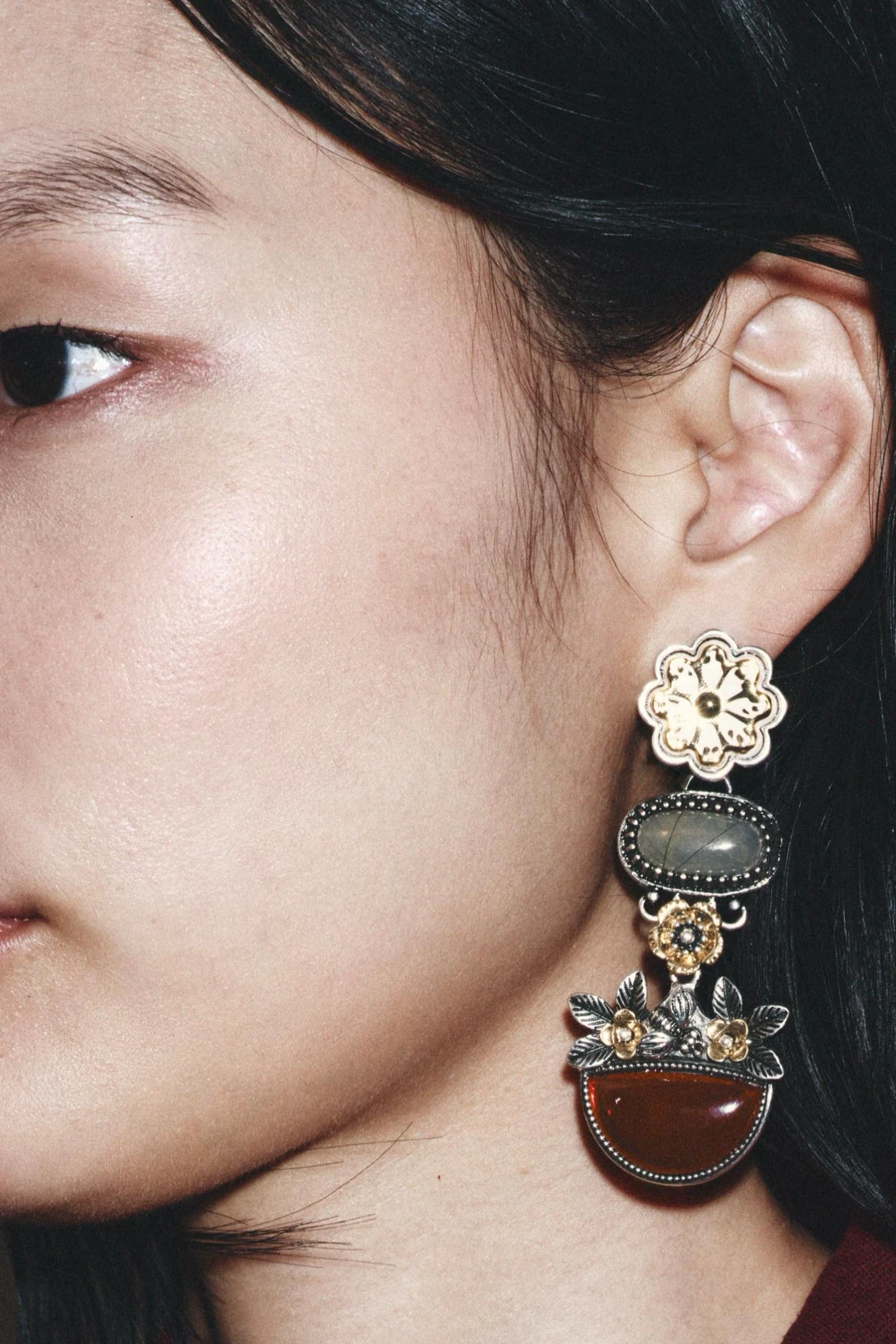 ZR Model Bordo Taşlı Vintage Küpe