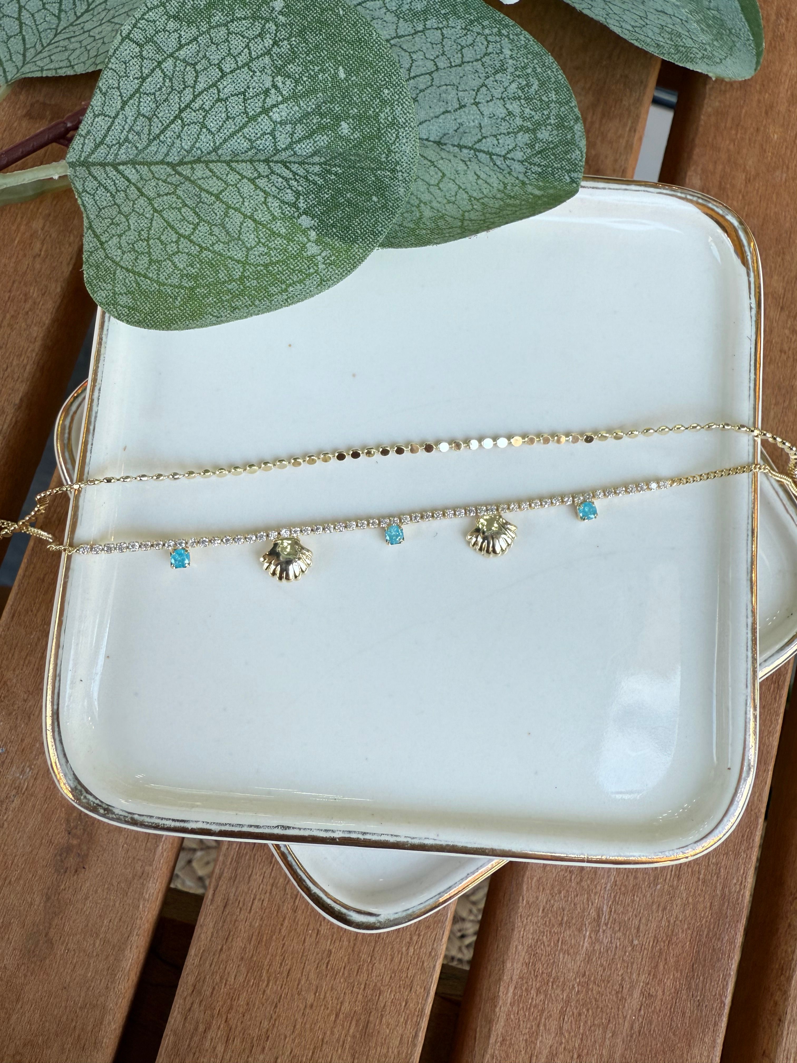 14K Altın Kaplama Mavi Taşlı Midye, Ezme Zincir Halhal 25cm