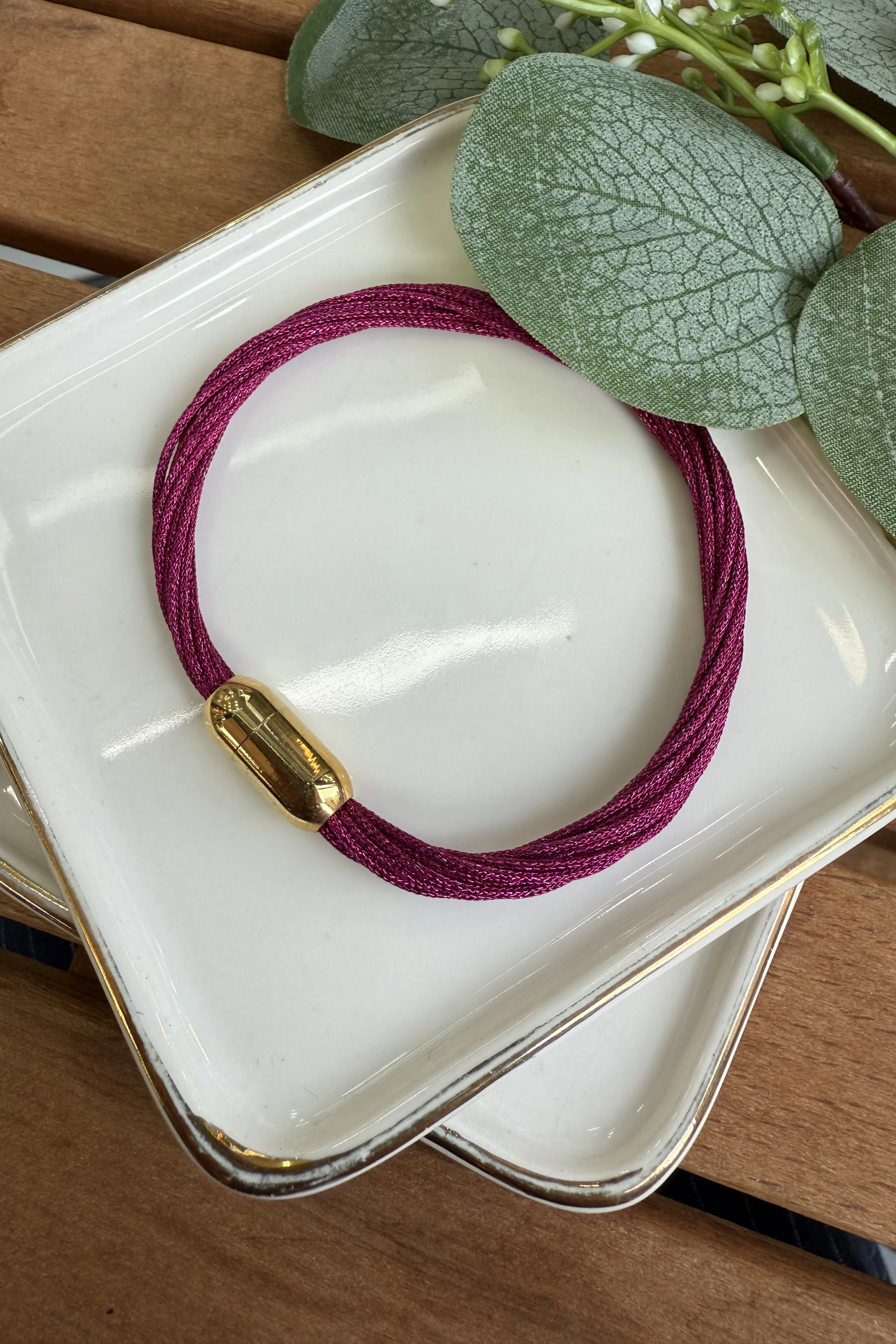 Çelik Fuşya Parlak İpli Çoklu Mıknatıslı Bileklik 19cm