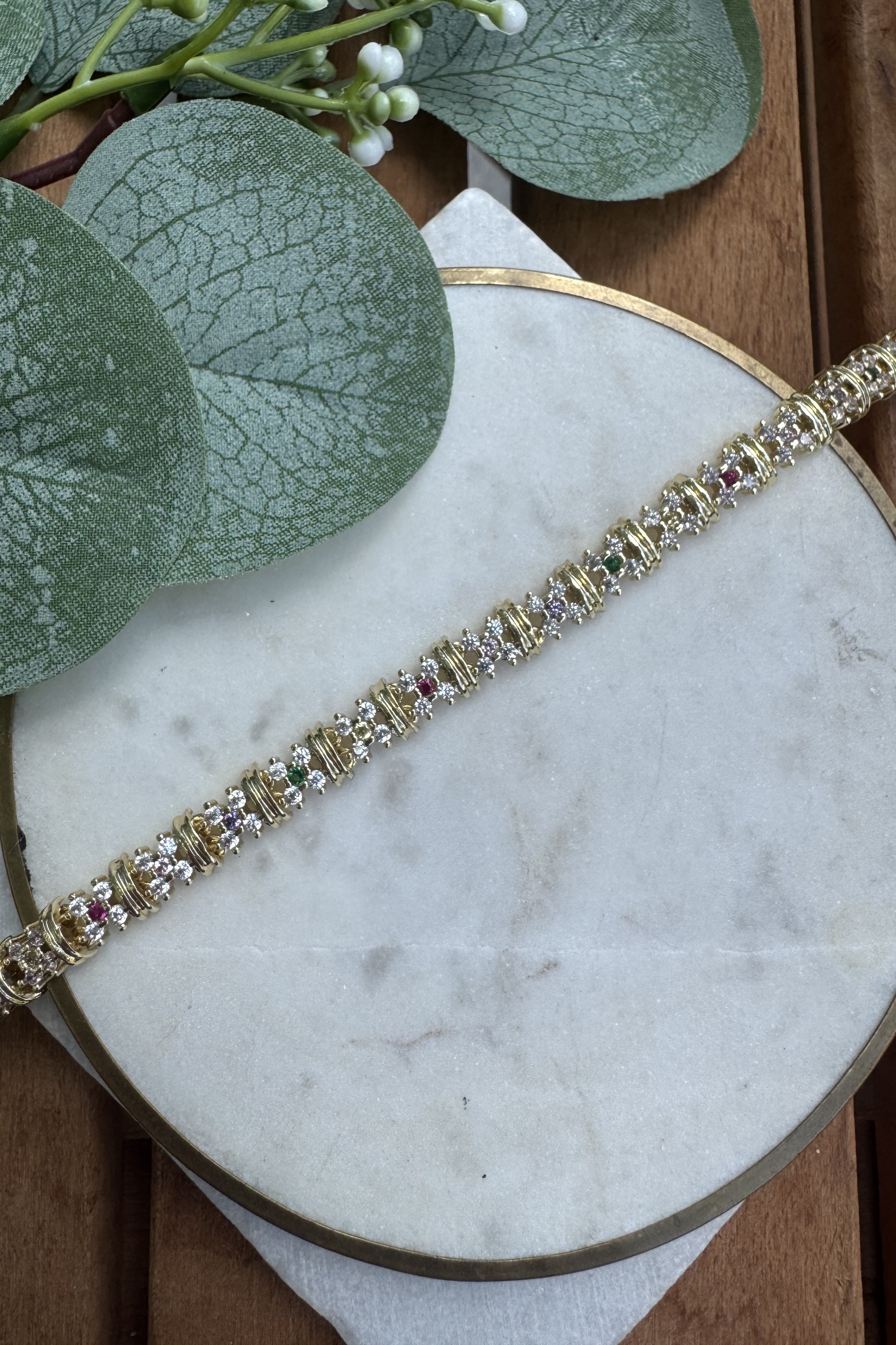 14K Altın Kaplama Tırtık Plaka İçinde Renkli Taşlar Bileklik 17+2cm