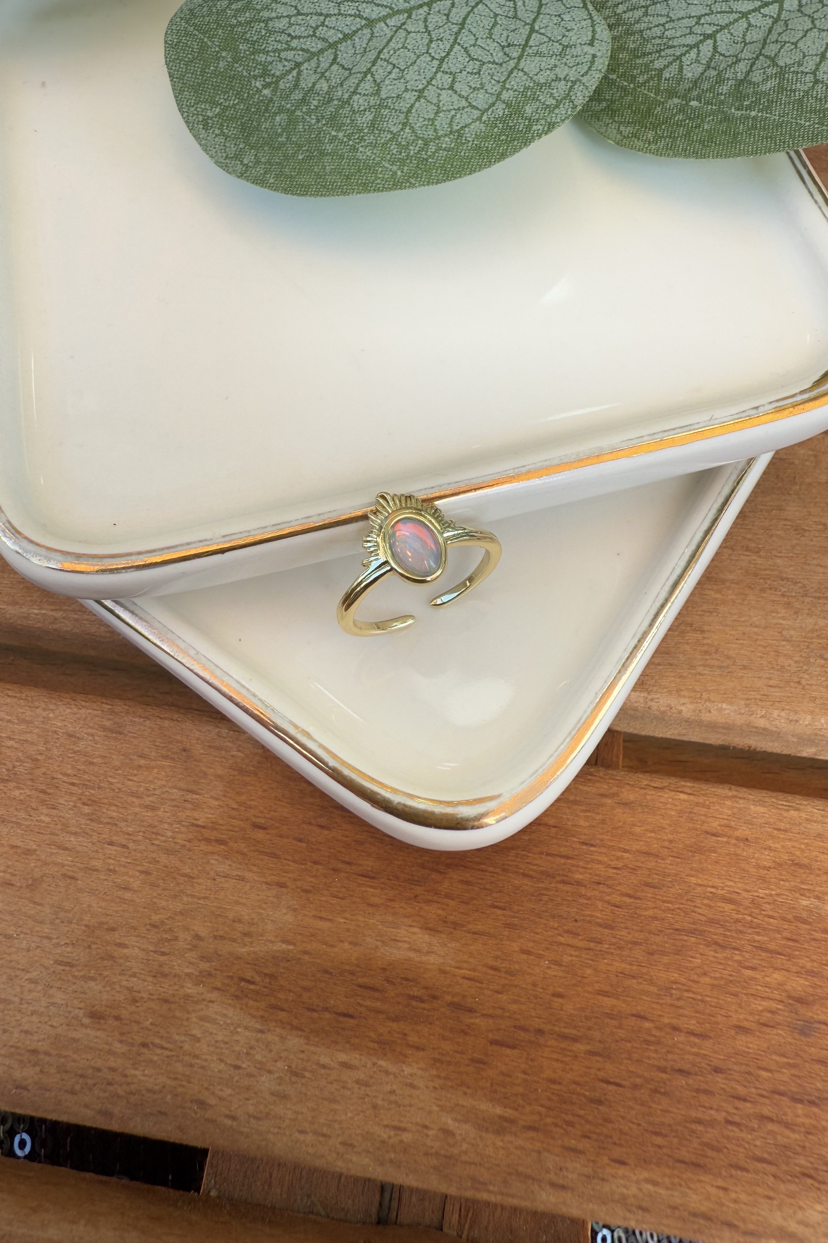 14K Altın Kaplama Taçlı Opal Serçe Parmak Yüzüğü Gold