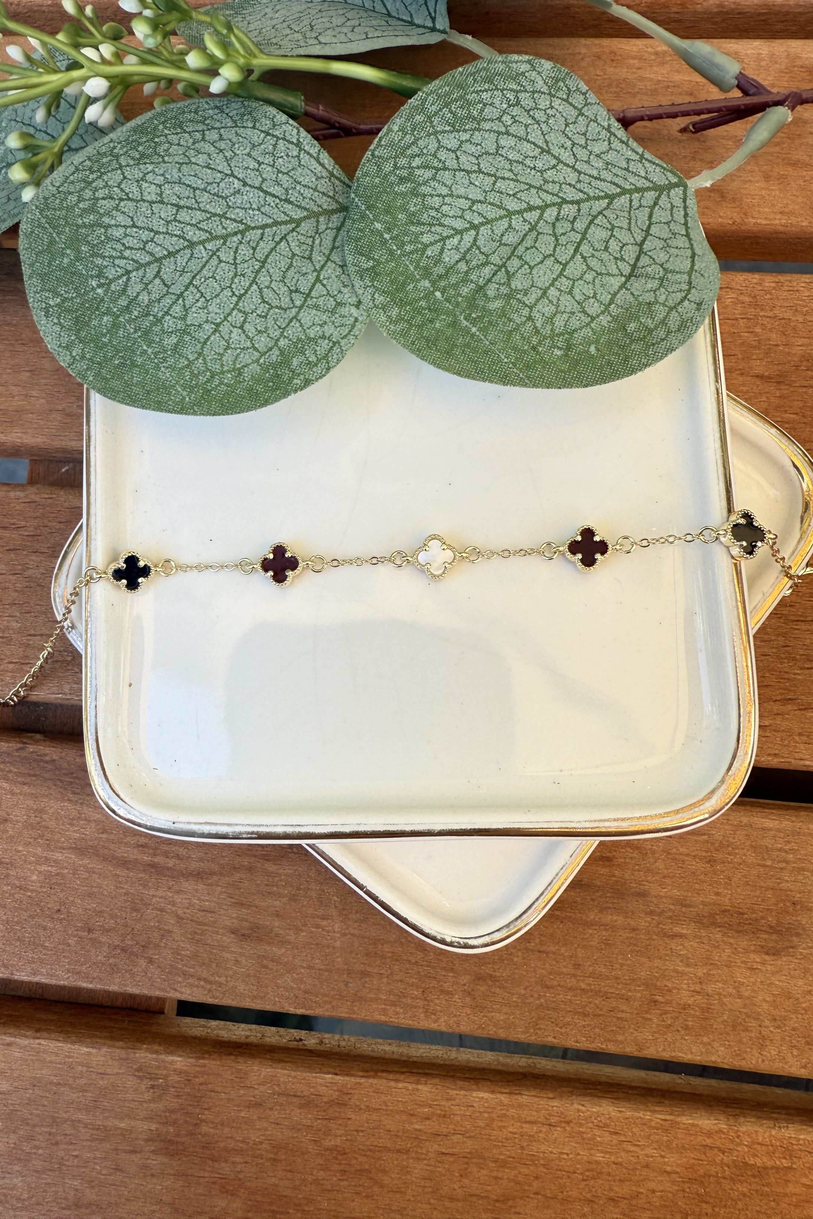 14K Altın Kaplama Siyah, Bordo, Beyaz Taşlı Minik Yonca Bileklik Gold 15+5cm