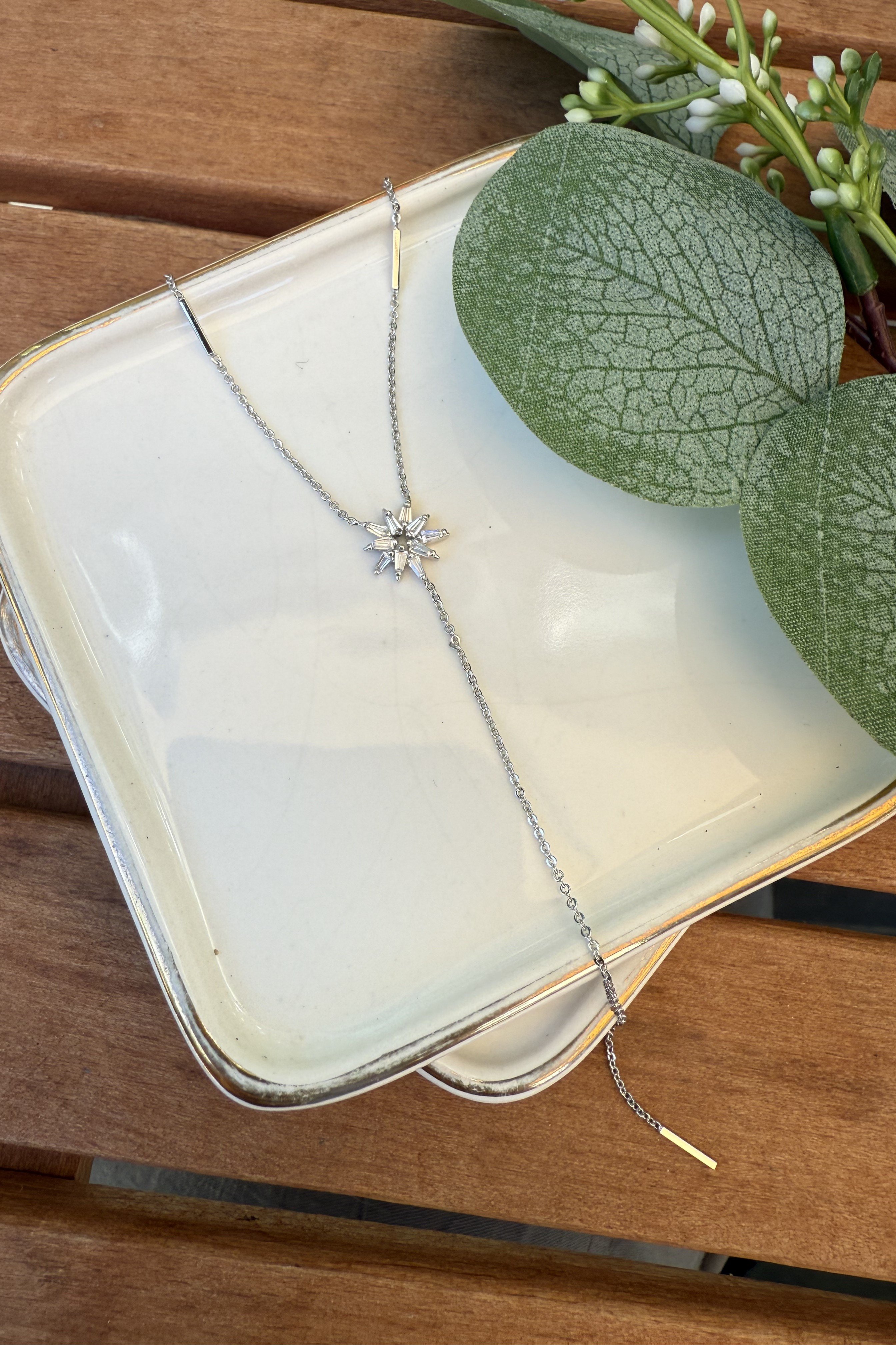 14K Altın Kaplama Taşlı Çiçek Y Kolye Silver 45cm