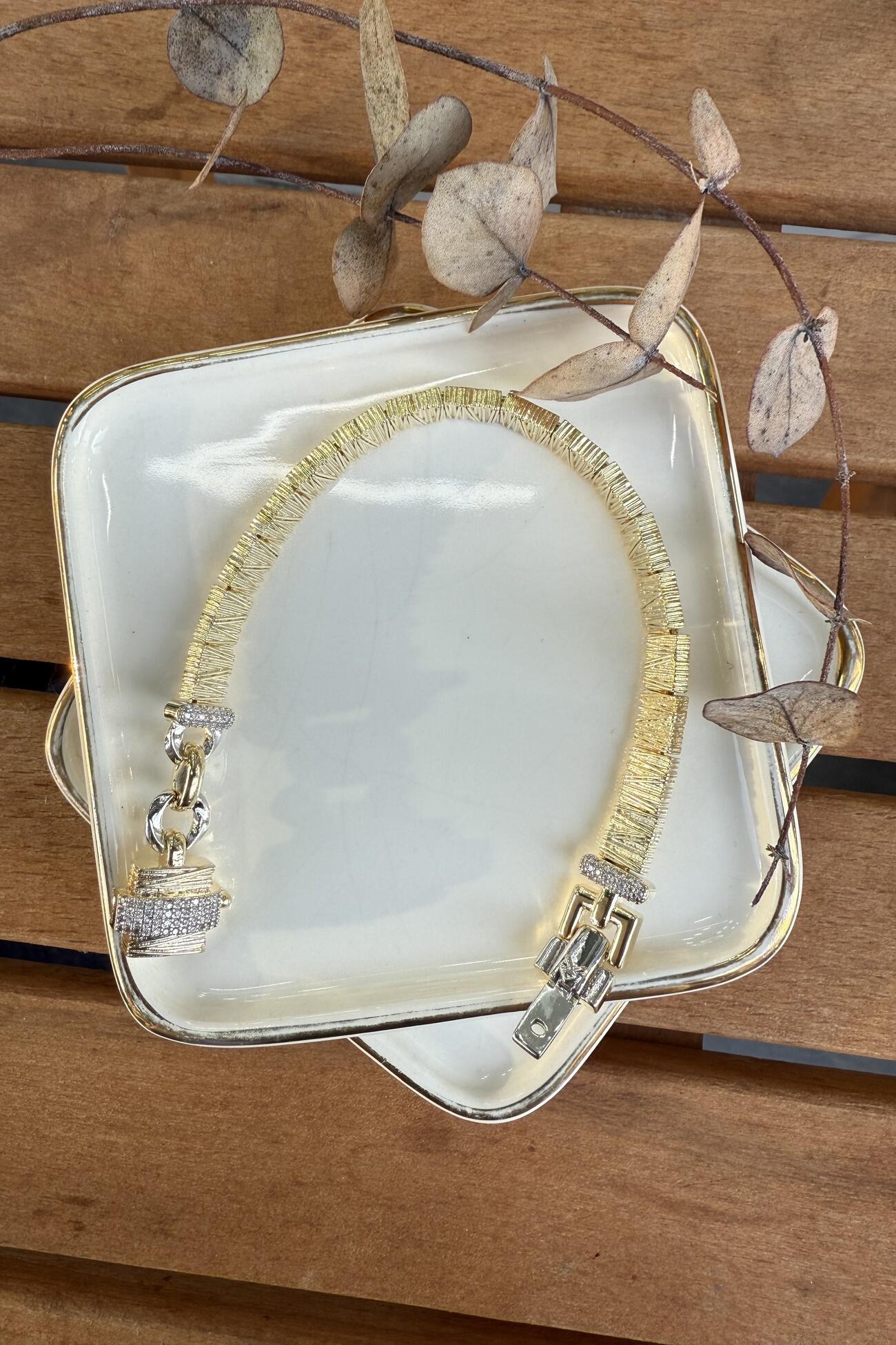 14K Altın Kaplama Dokulu, Özel Kapamalı Bileklik 18.5cm