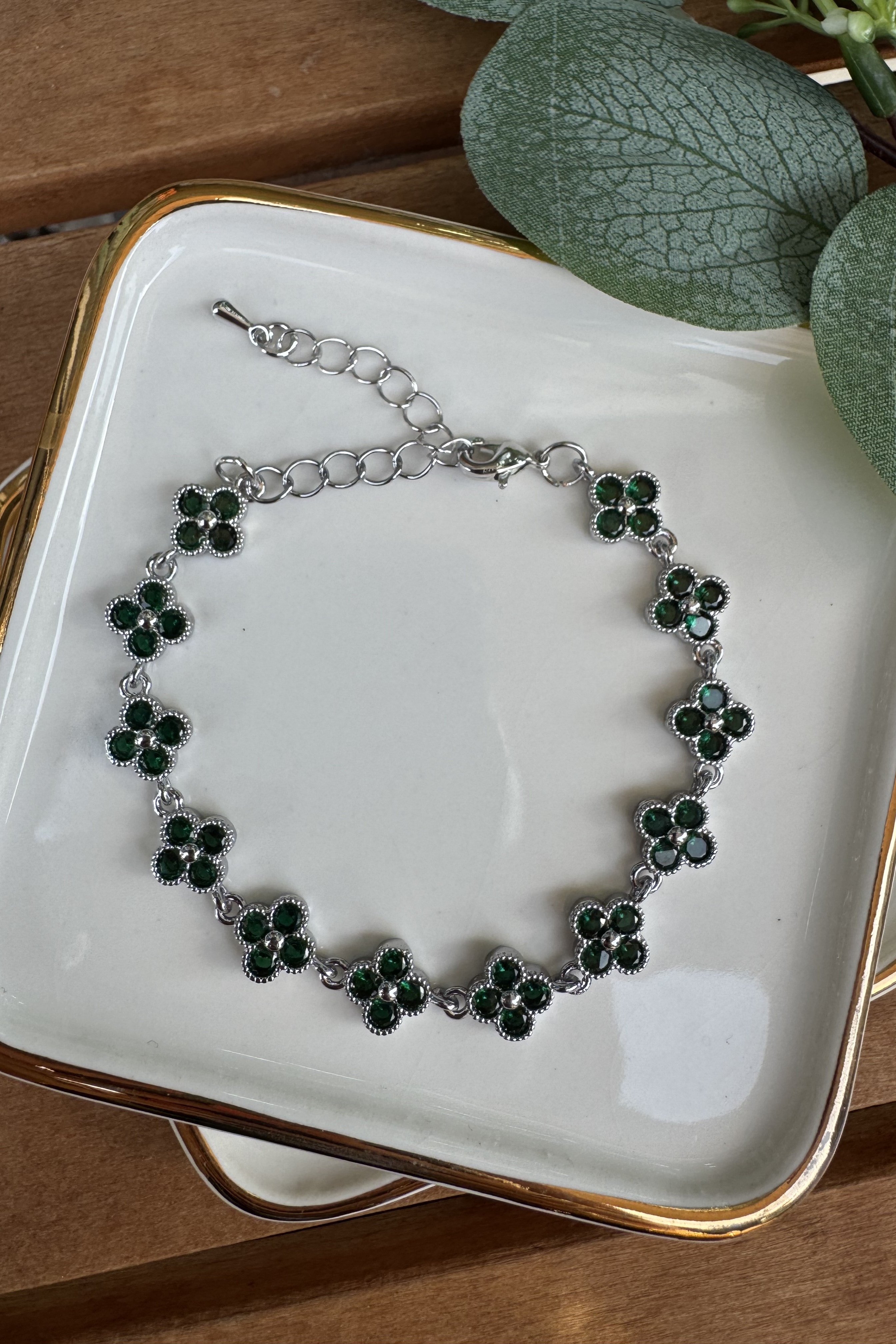 Bronz Yeşil Taşlı Yonca Bileklik Silver 15+6cm