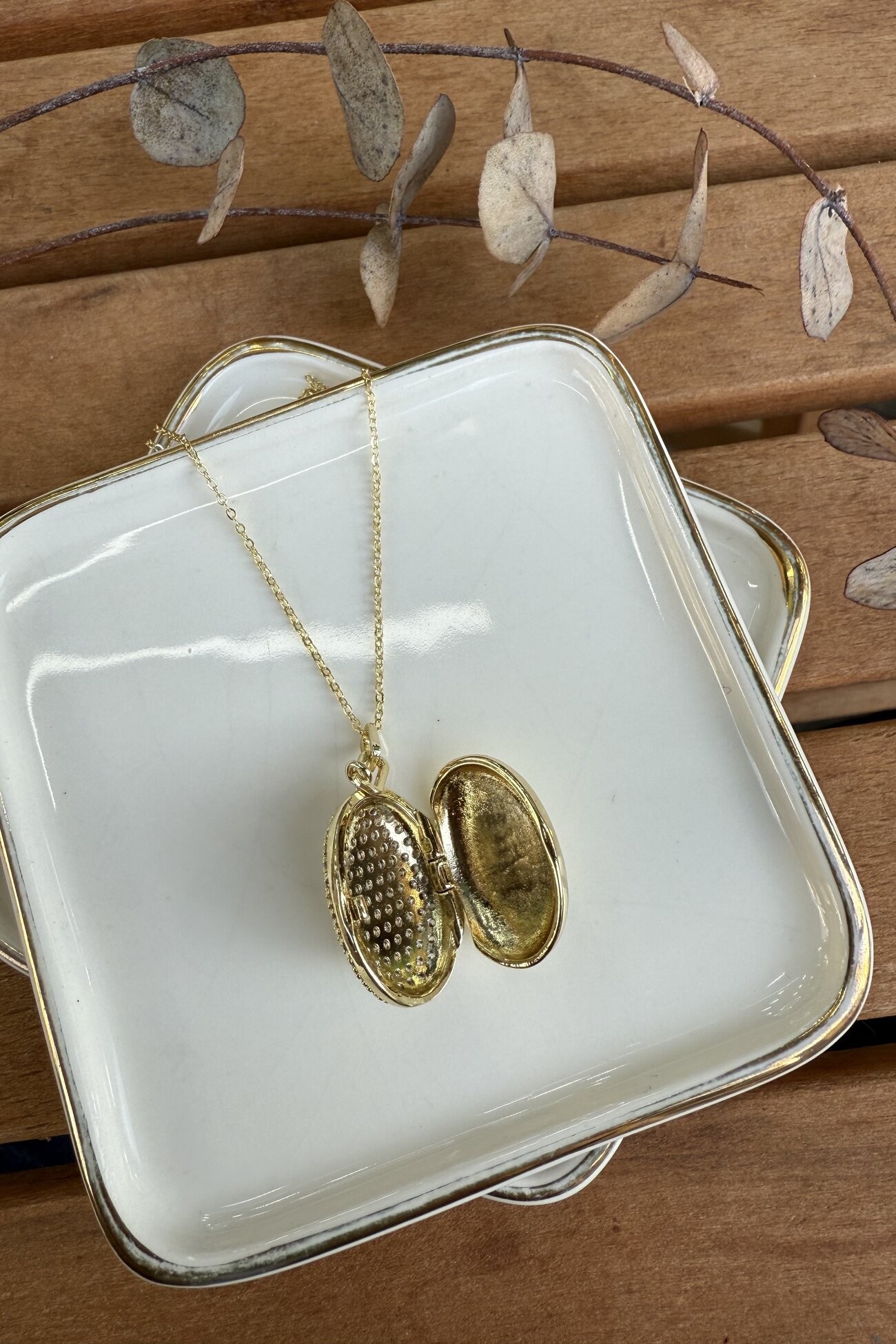 14K Altın Kaplama Zirkon Taşlı Oval Plaka Üzeri Madalyon Kolye Gold 56cm