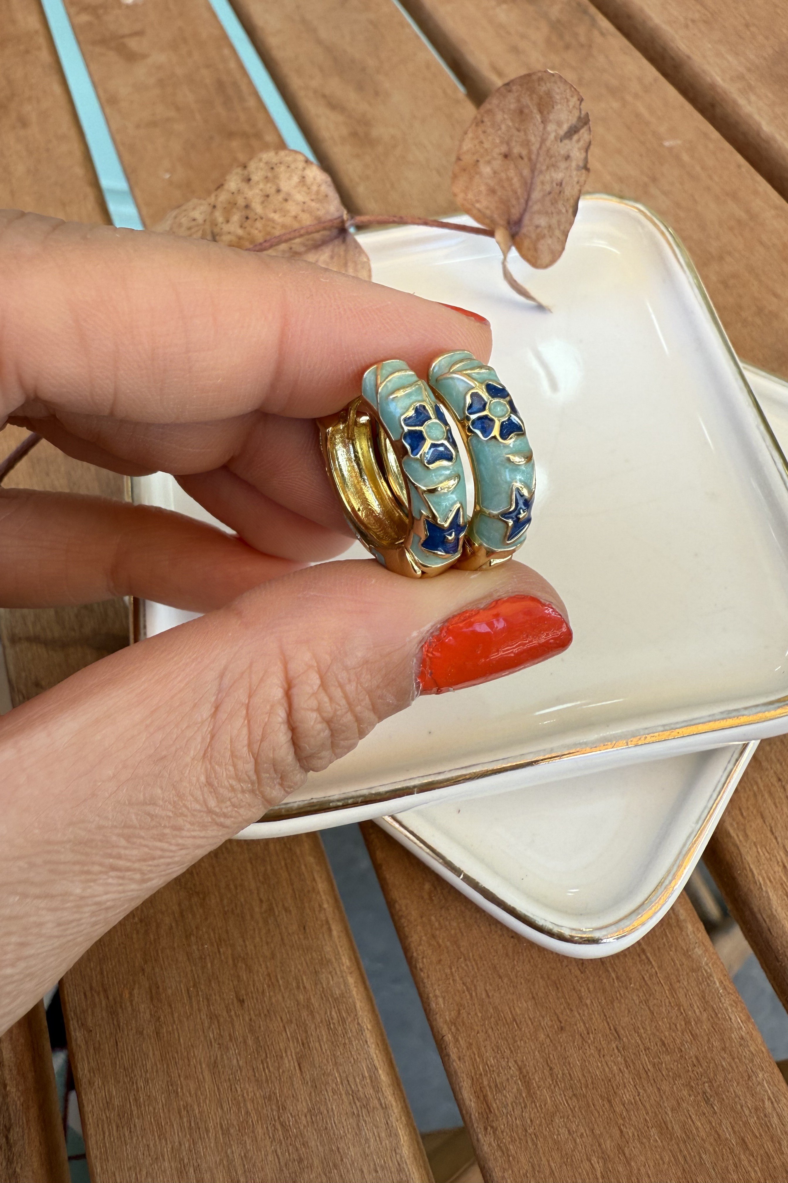 14K Altın Kaplama Mavi Mineli Freya Küpe 2cm