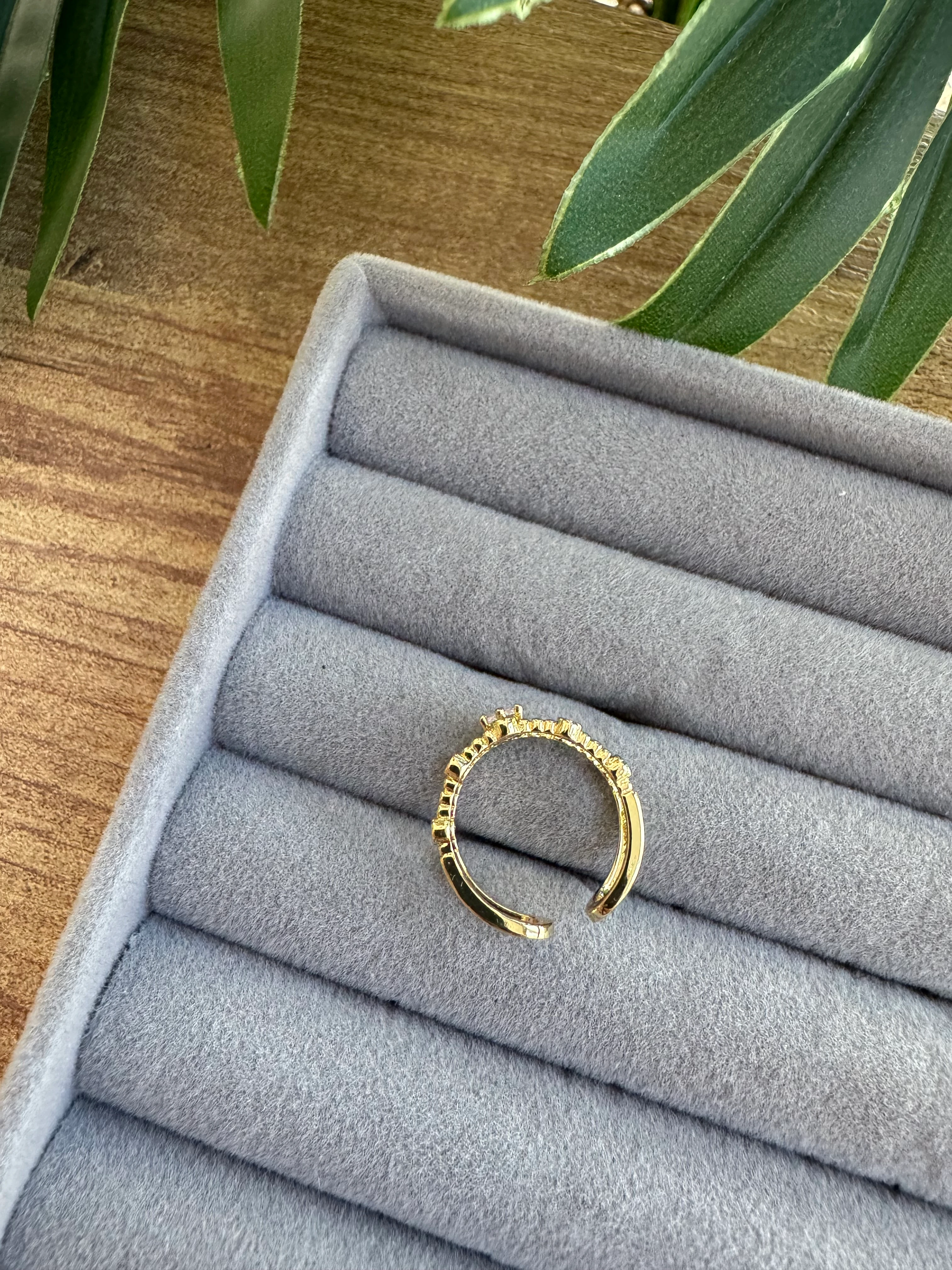 14K Altın Kaplama Ortası Taşlı Çift Sıra Serçe Parmak Yüzüğü Gold