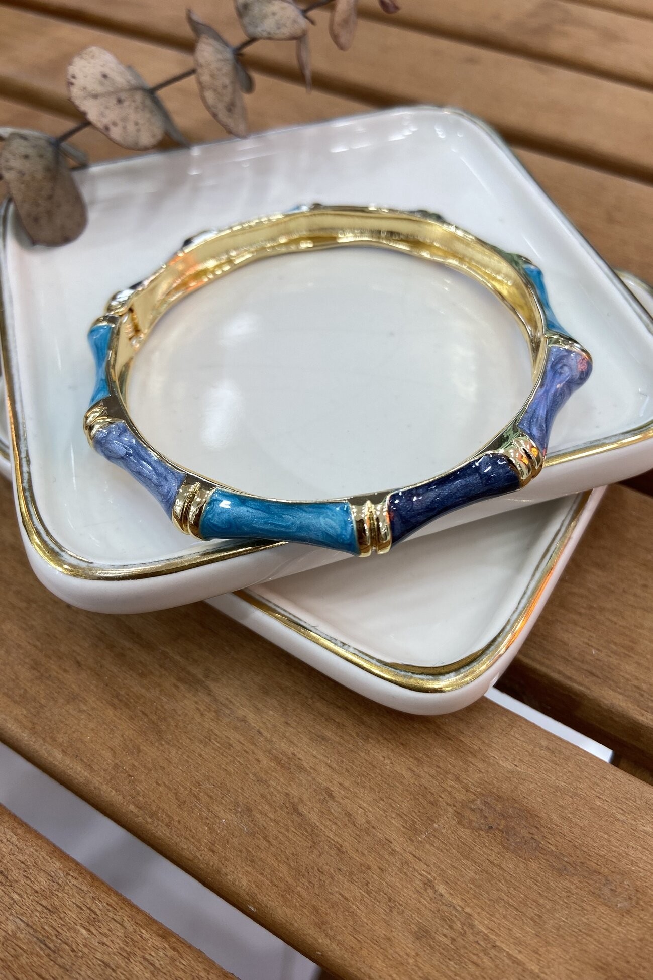 14K Altın Kaplama Mavi Mineli Kemik Bilezik (İç Çap:6cm)
