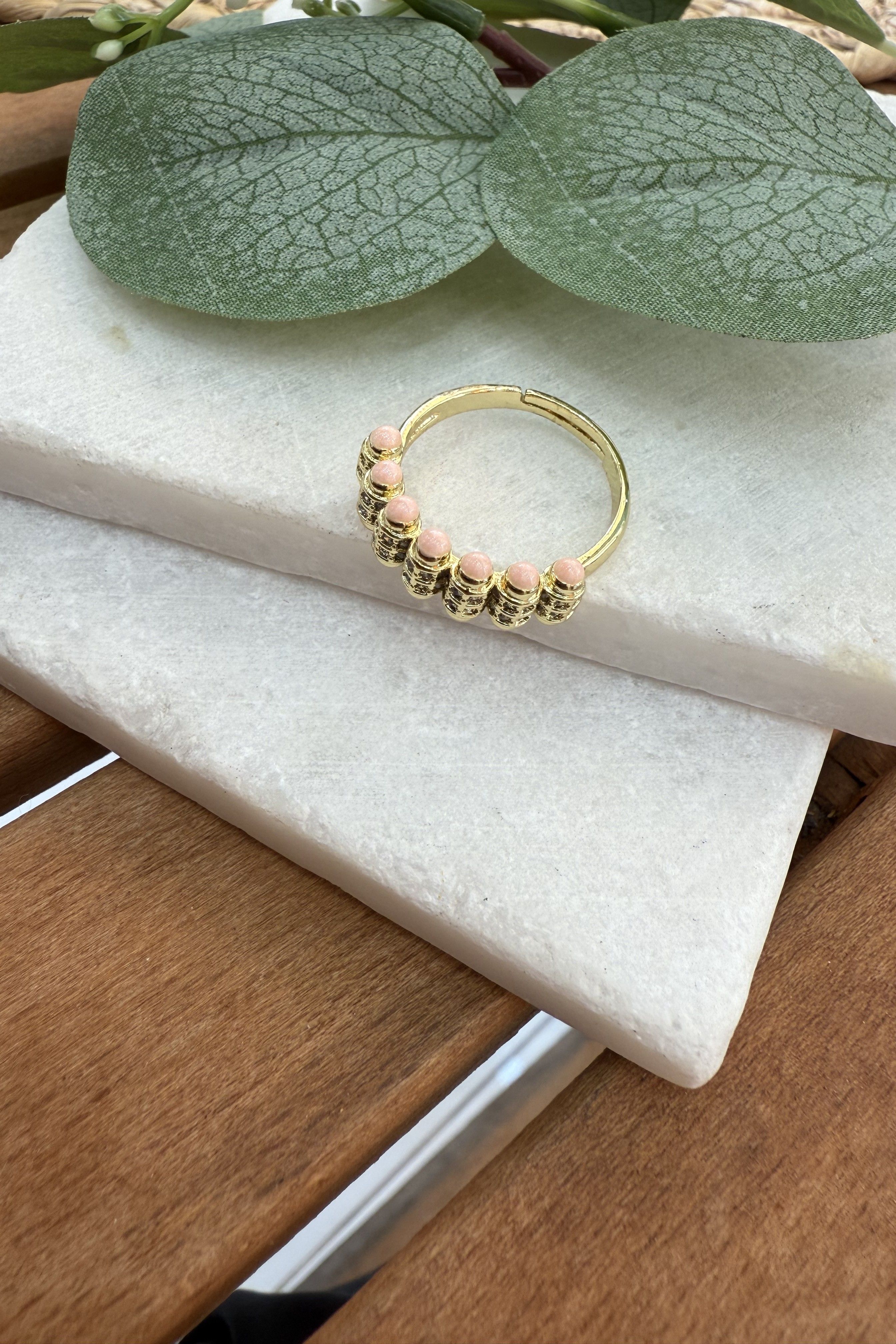 14K Altın Kaplama İçi Pembe Mineli Silindir Yüzük