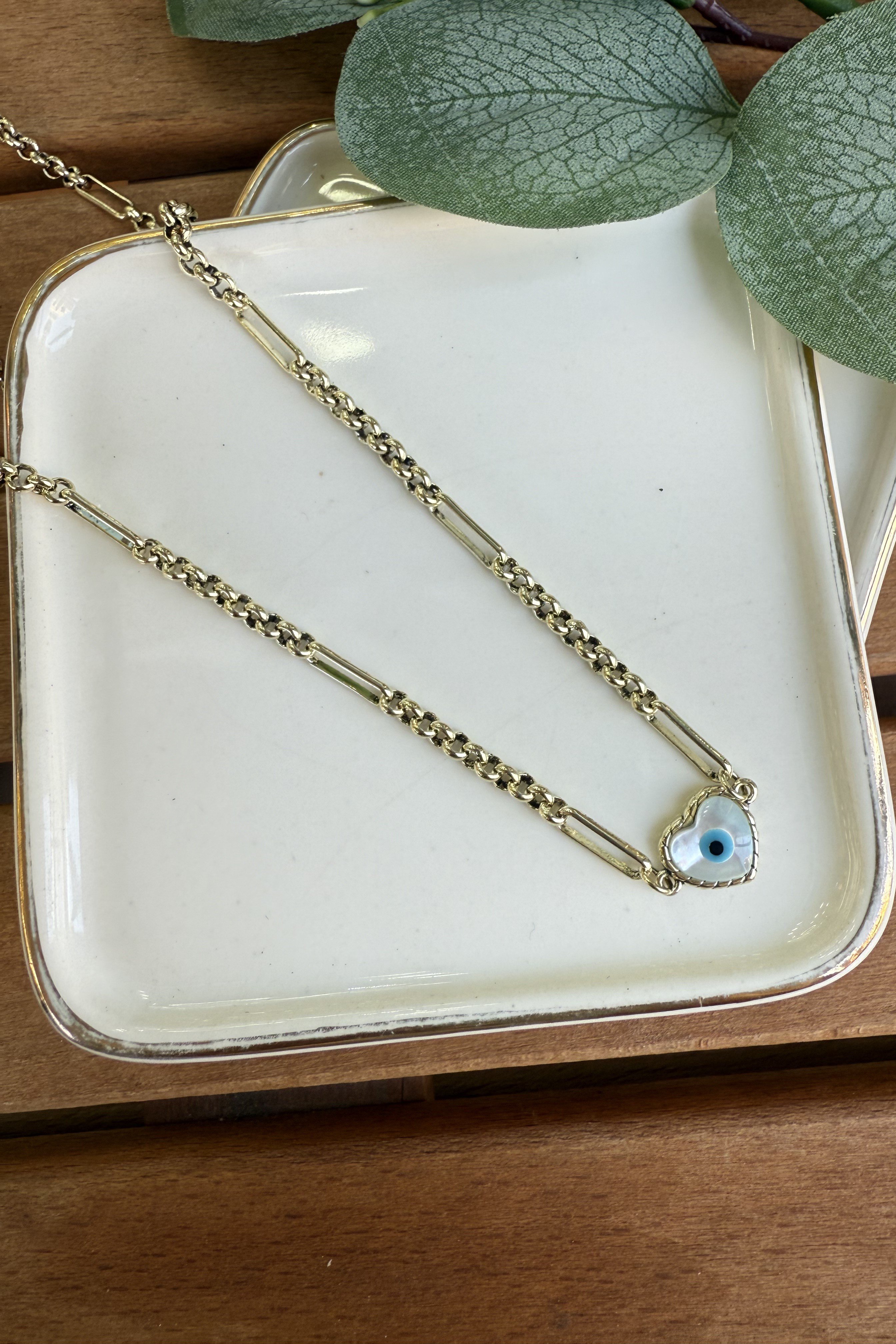 14K Altın Kaplama Vintage Zincirde Kalp Göz Kolye 54cm