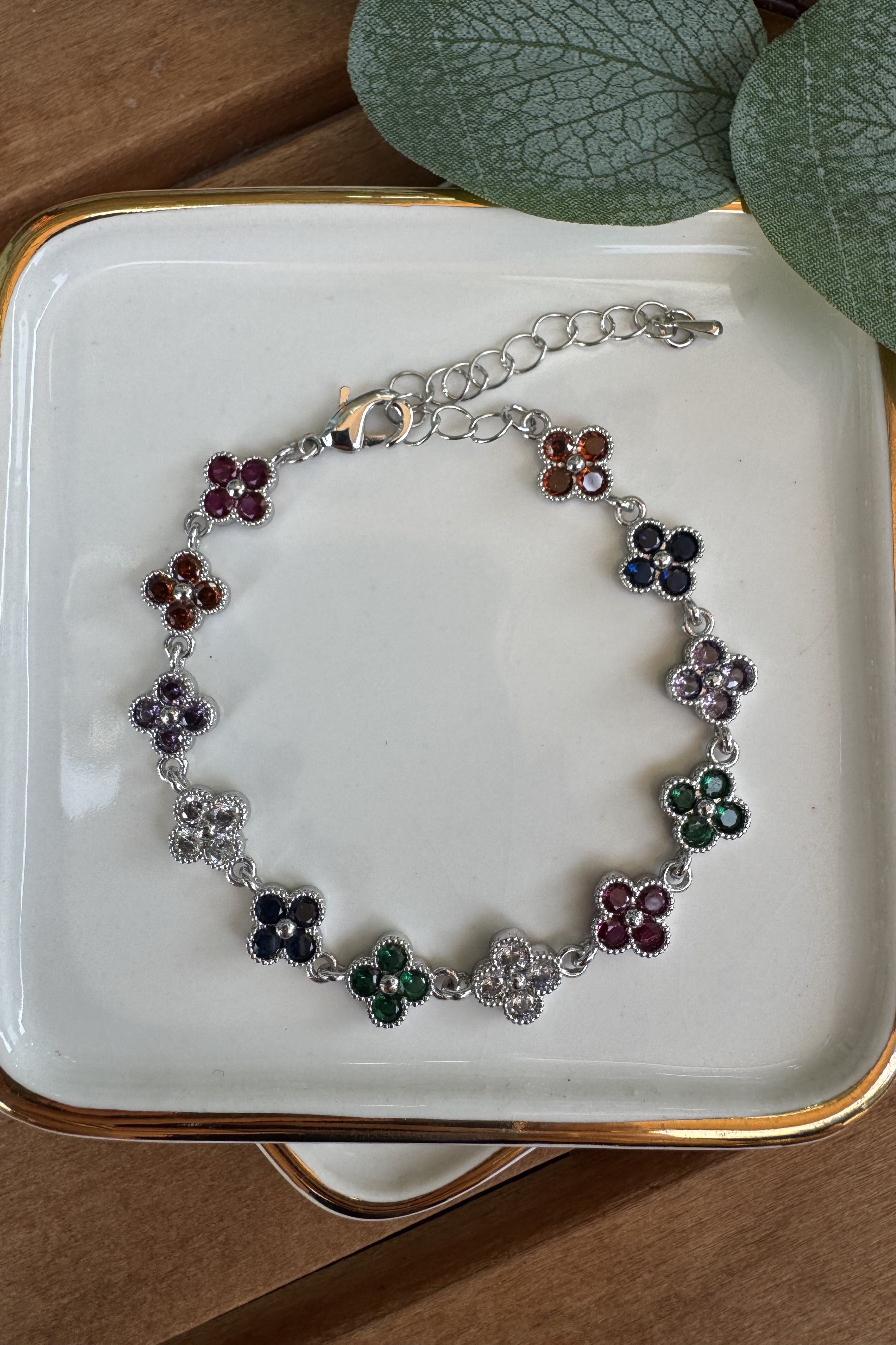 Bronz Renkli Taşlı Yonca Bileklik Silver 15+6cm