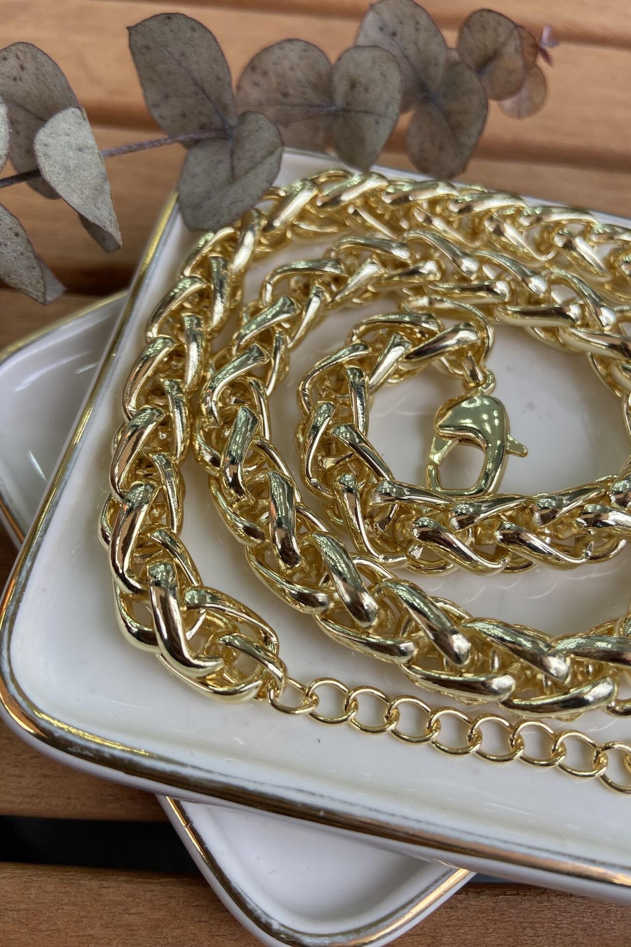 14K Altın Kaplama İç İçe Geçmeli Kalın Kolye 52 cm