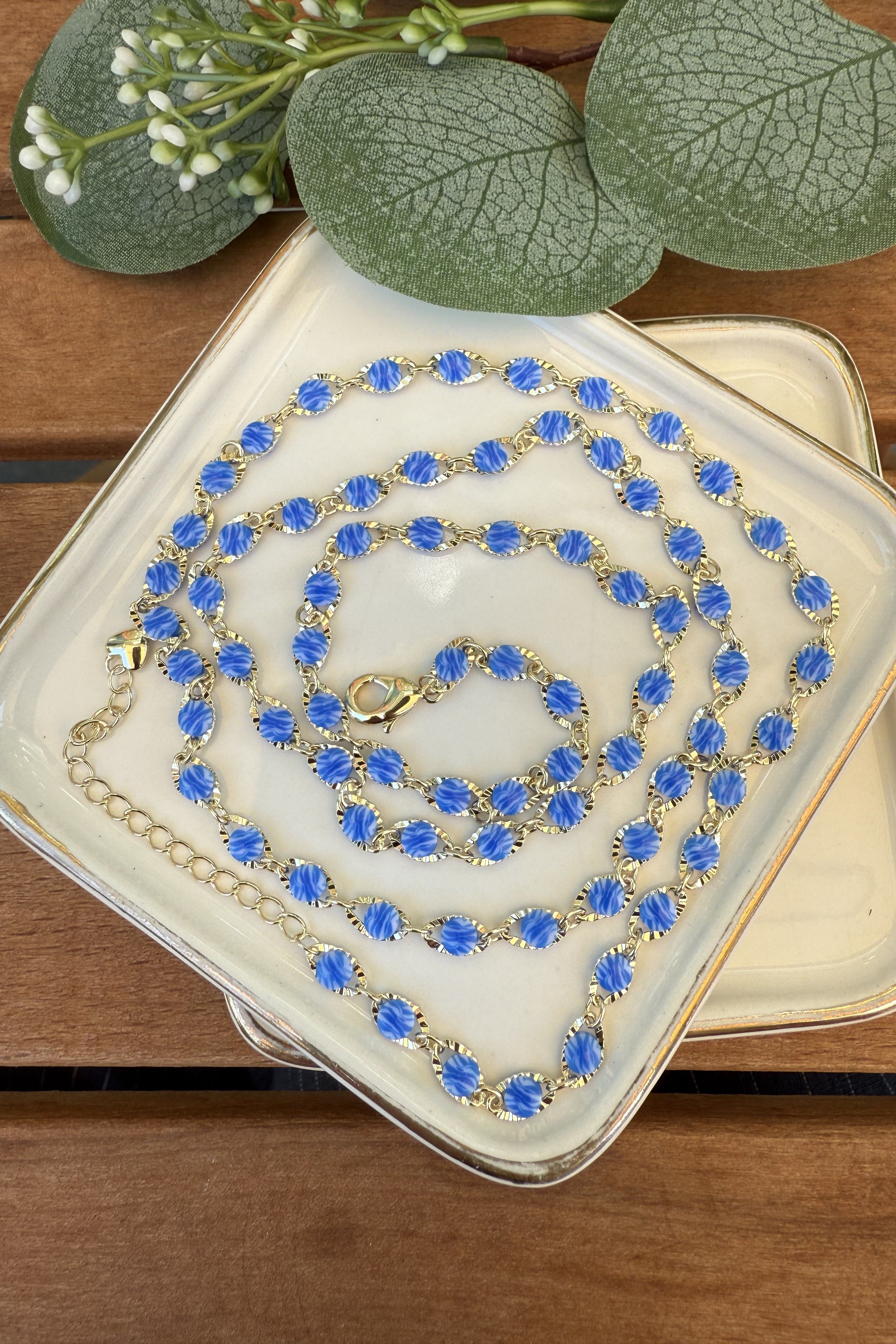 14K Altın Kaplama Mavi Opal Taşlar Kolye 75cm