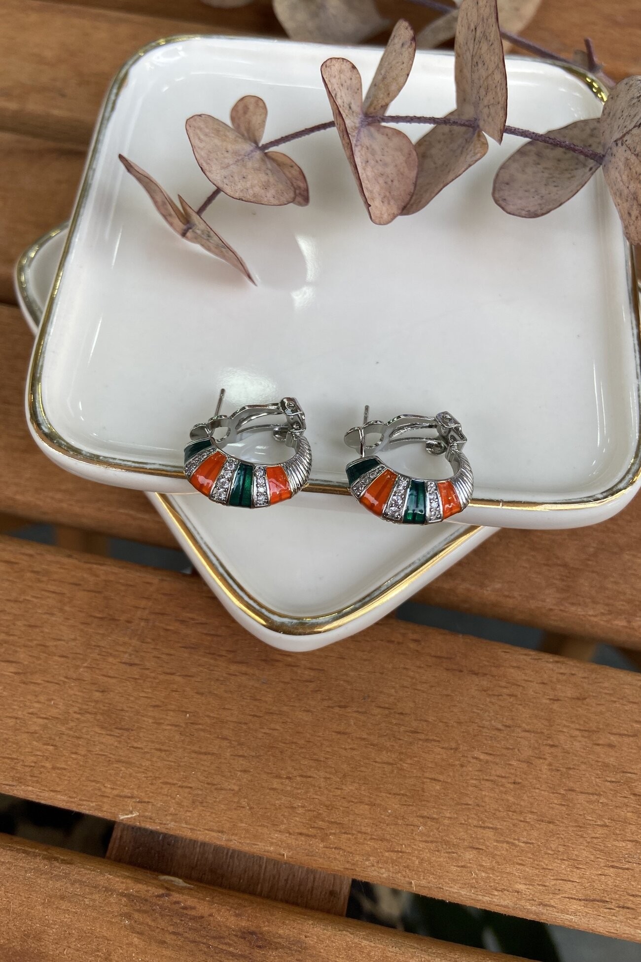Turuncu & Yeşil Mineli Küpe Silver