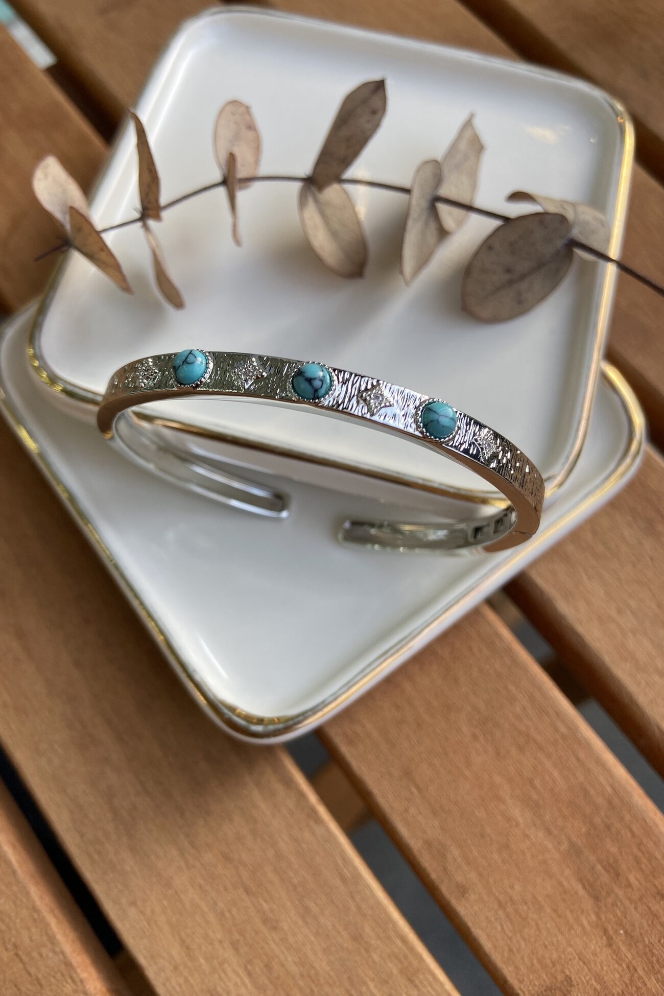 14K Altın Kaplama İnce Firuze Taşlı Bilezik Silver