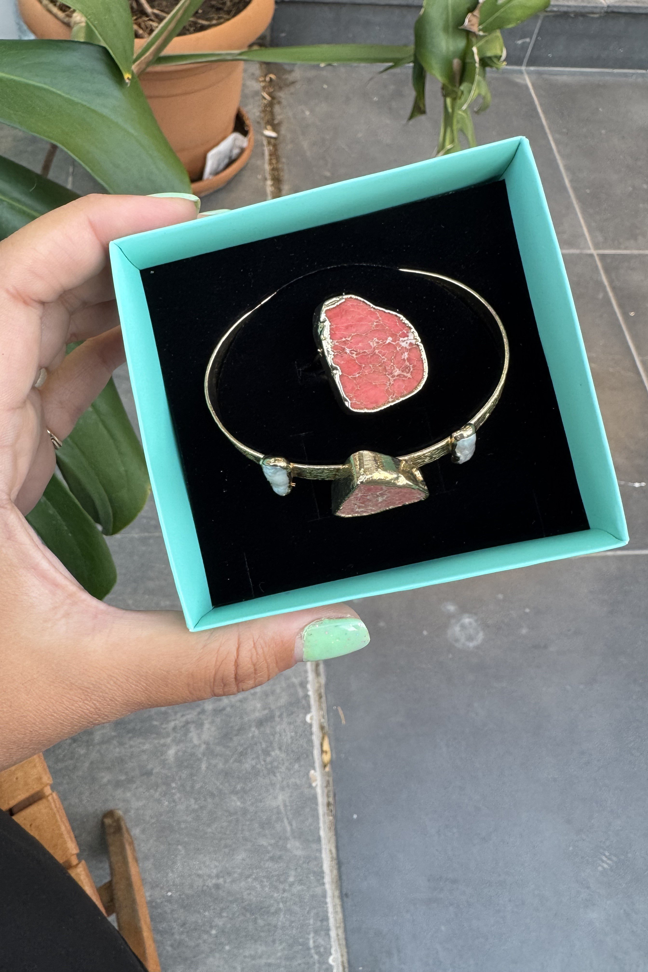 Bronz Üzeri 14K Altın Kaplama Doğal Taş Yüzük-Bilezik Seti