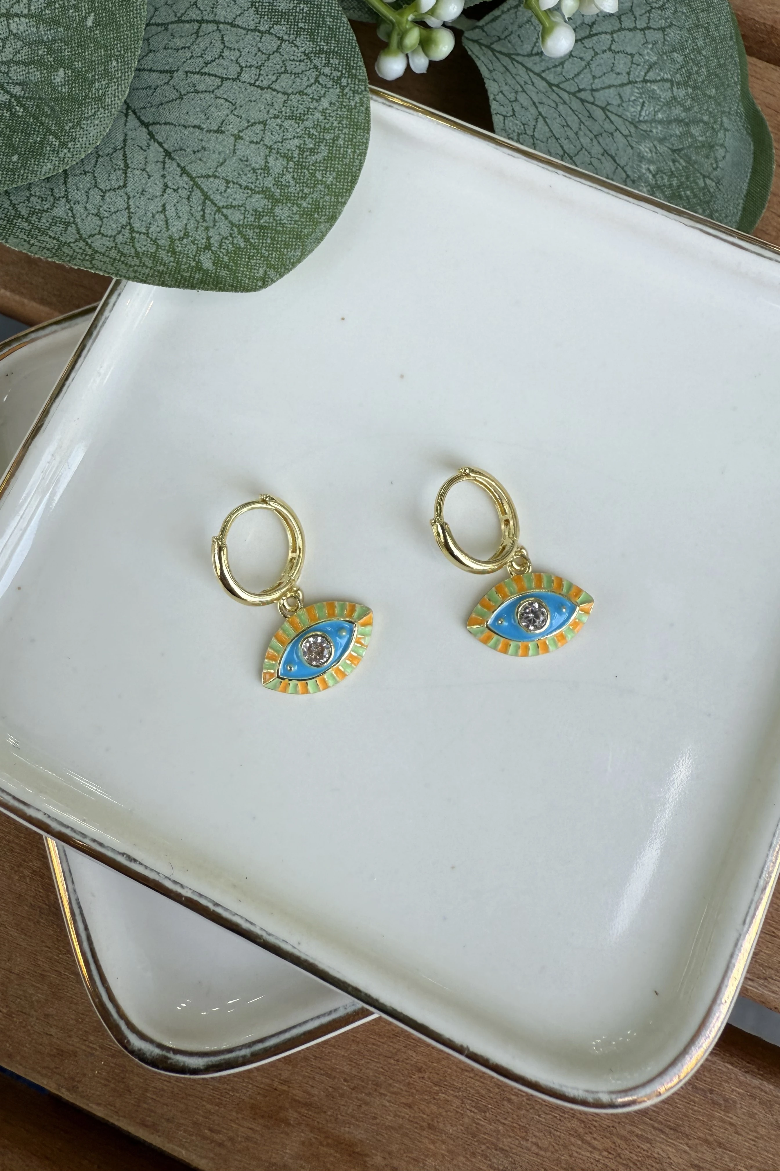 14K Altın Kaplama Sarı & Yeşil Mineli Göz Küpe