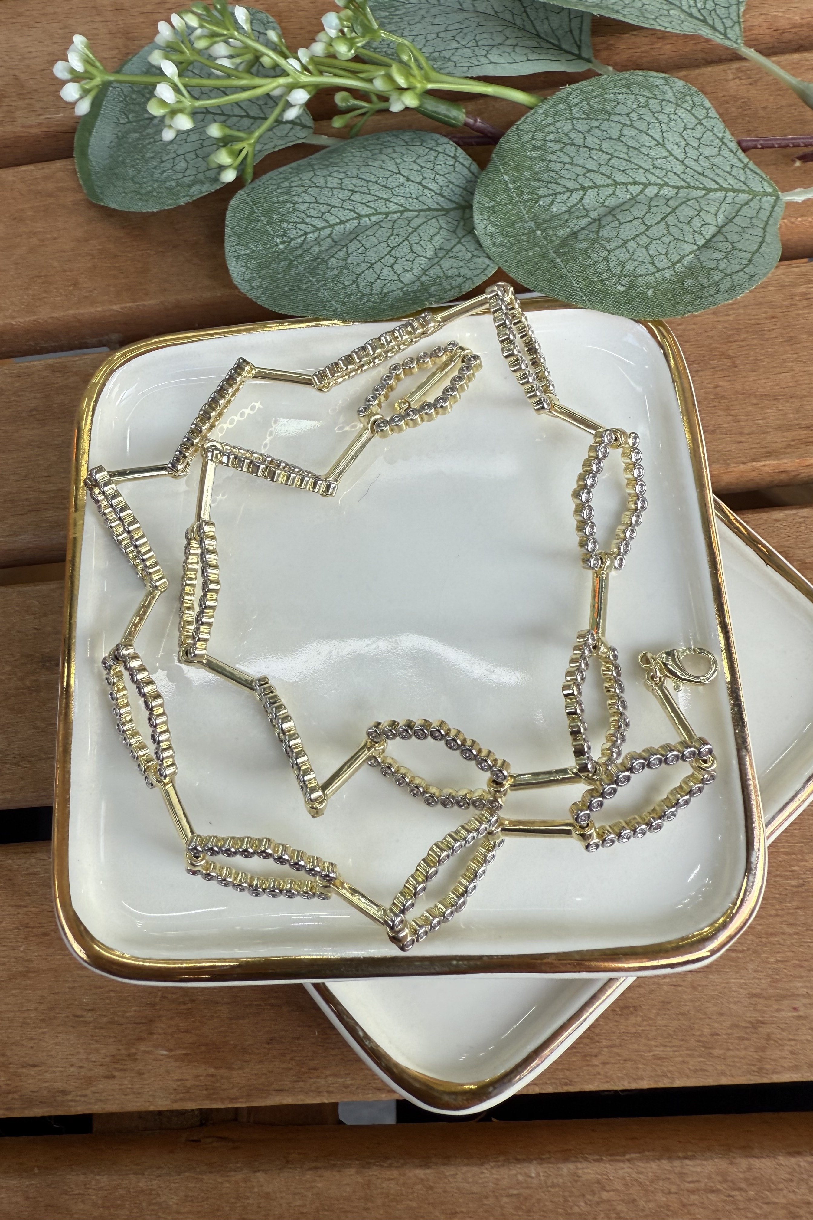 14K Altın Kaplama Taşlı Altıgen Sıralı Kolye 45cm