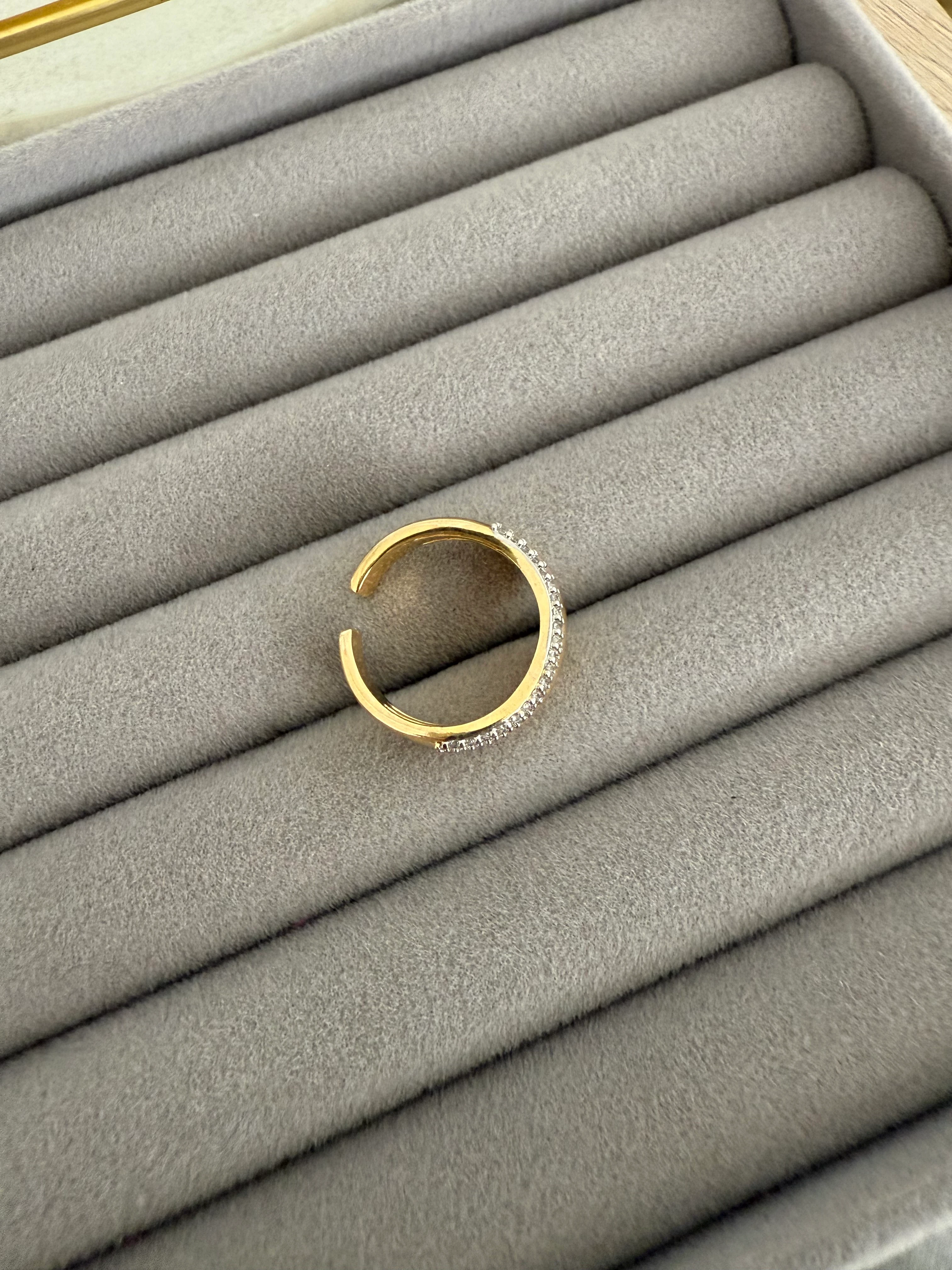 14K Altın Kaplama Çift Sıra Taşlı, Taşsız Yüzük