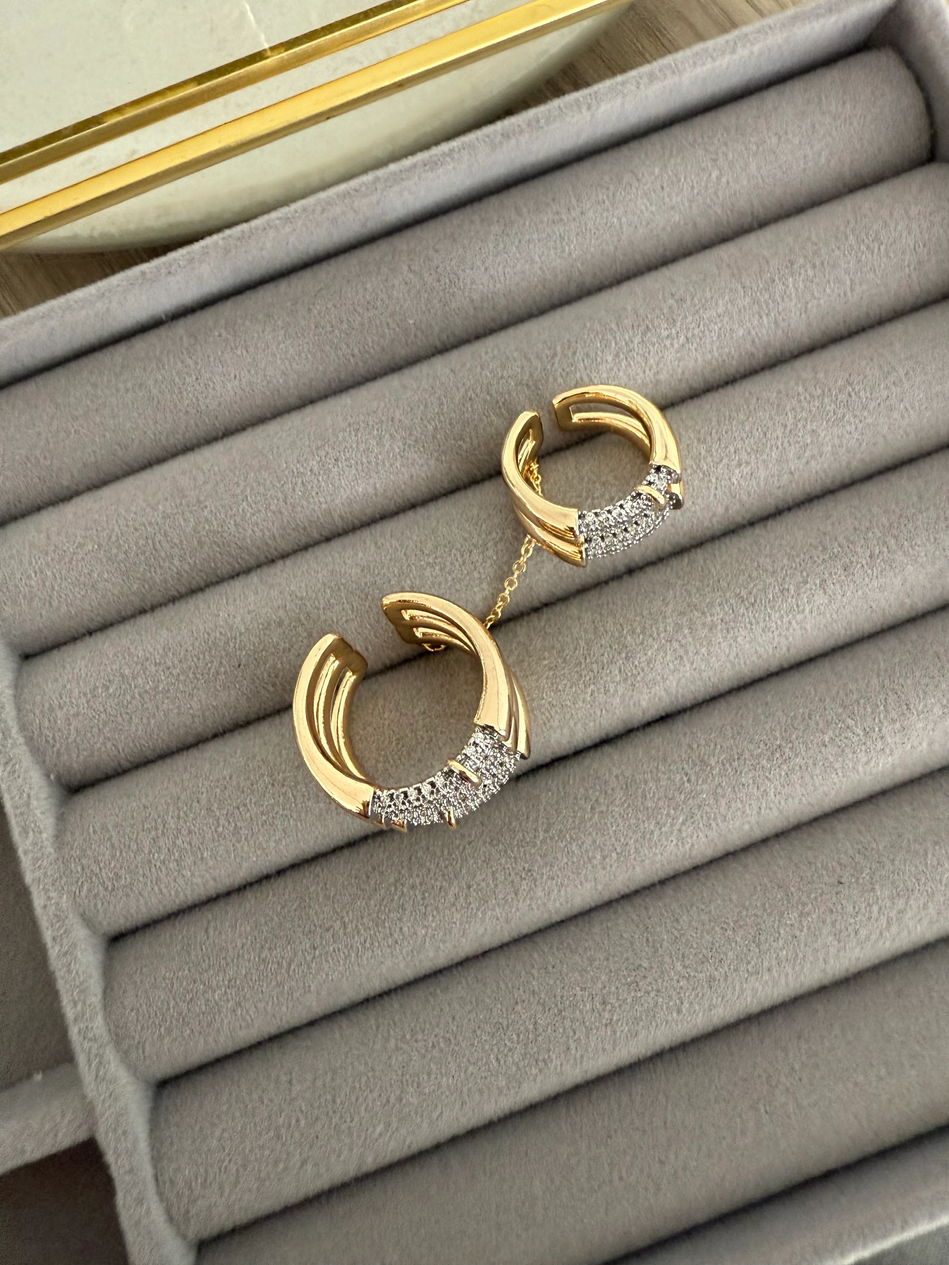 14K Altın Kaplama Üç Sıra Şeritli 2'li Yüzük Seti