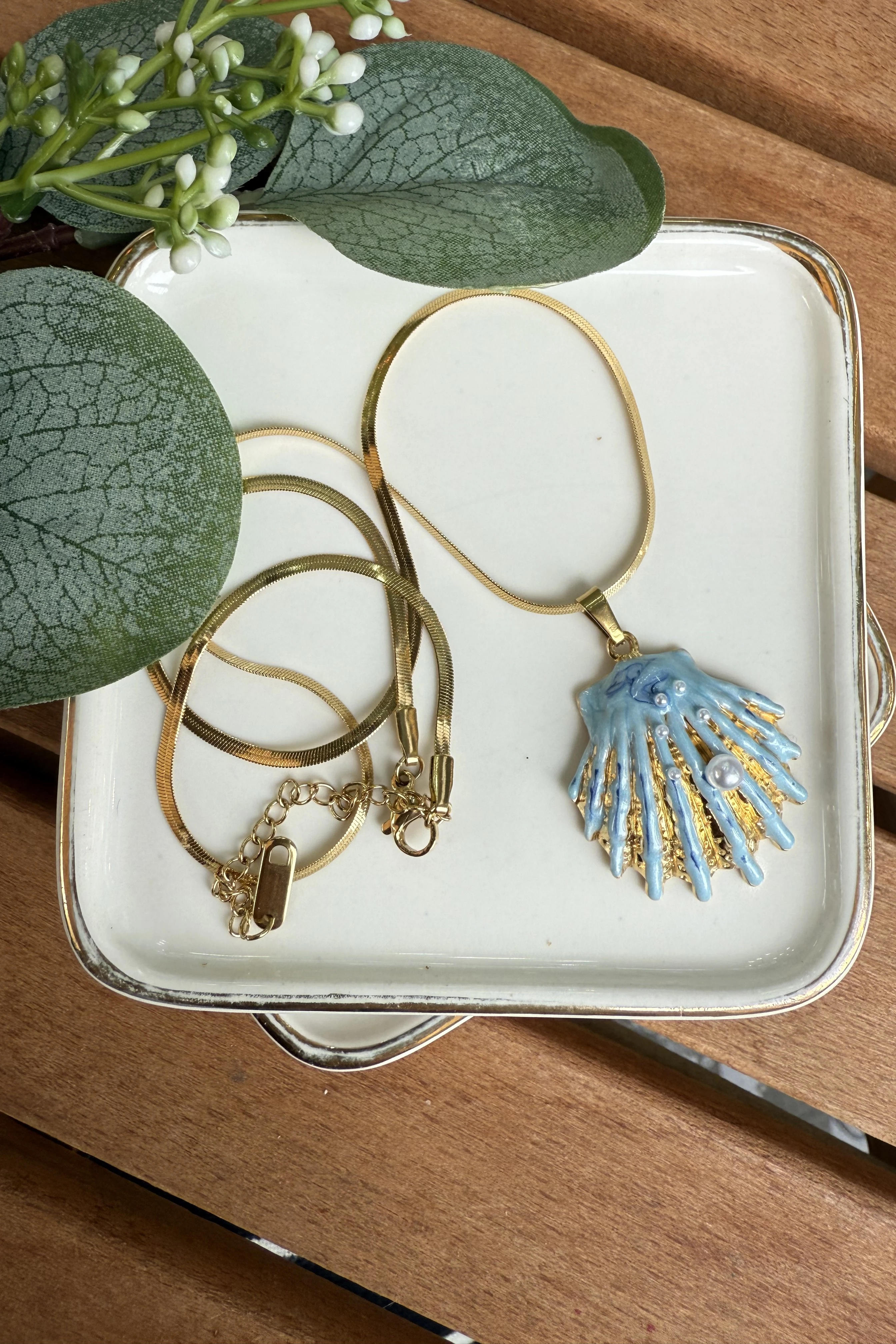 Çelik Mavi İstiridye Kolye 50cm