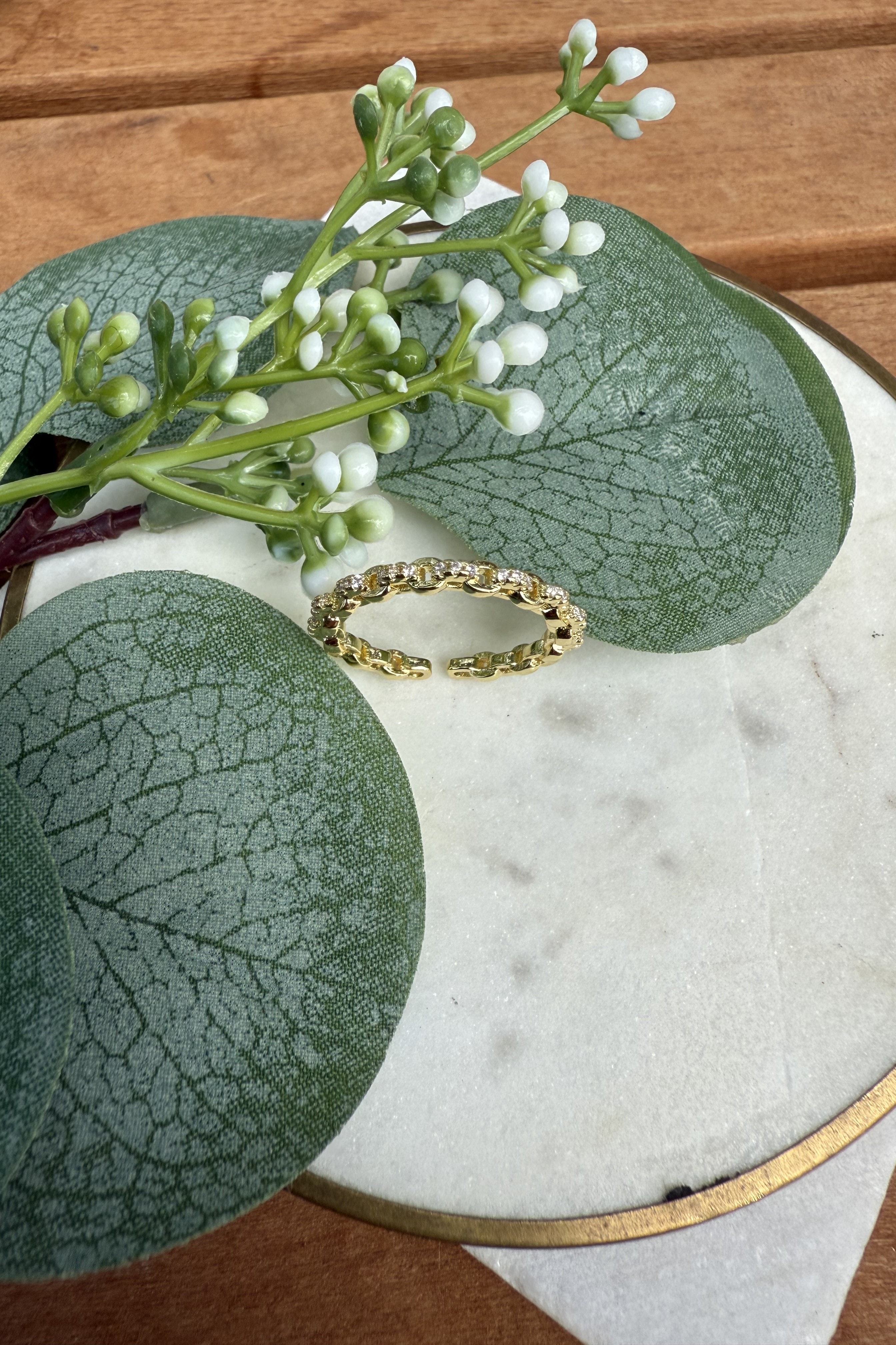 14K Altın Kaplama Minimal Taşlı Zincir Yüzük