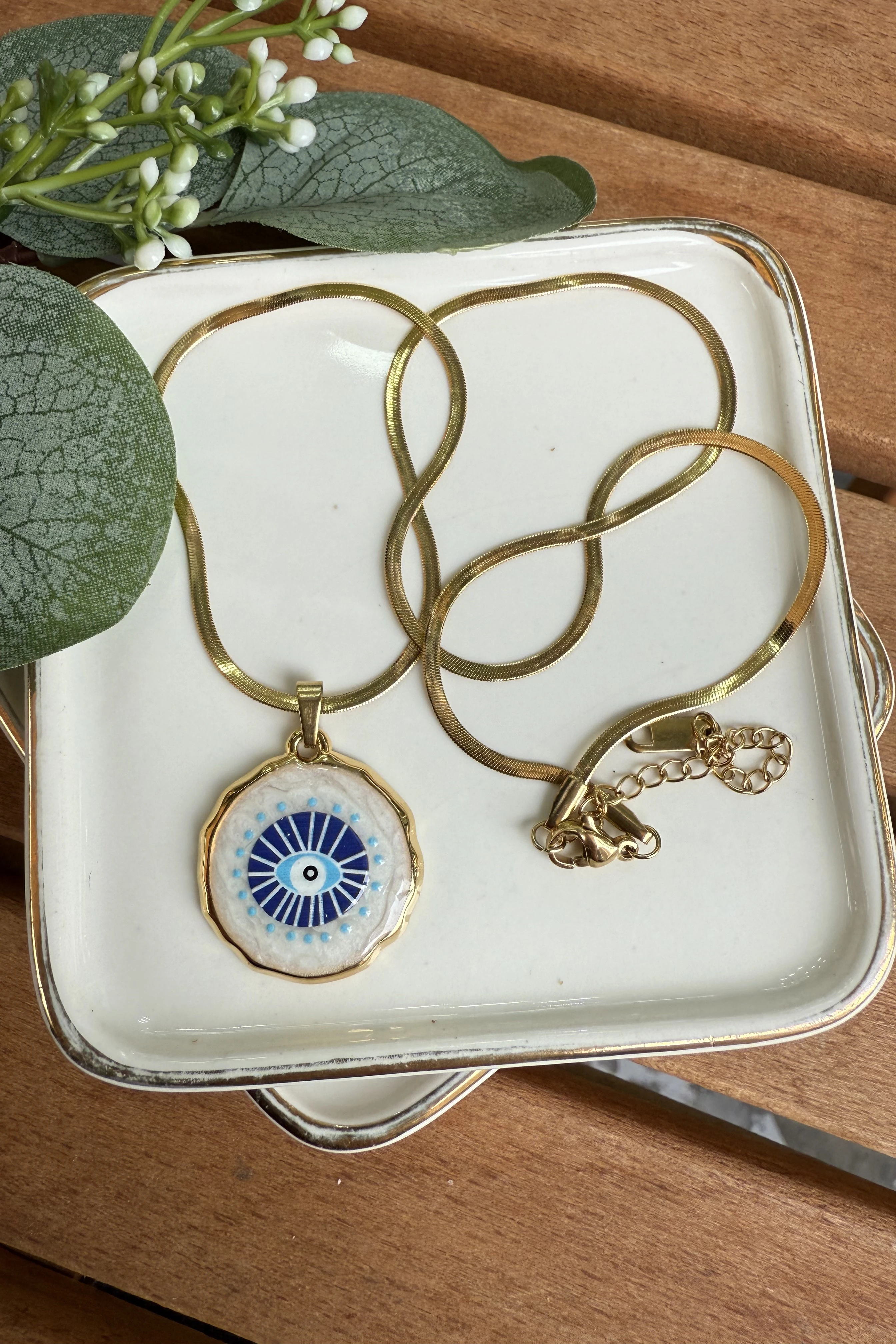 Çelik Yuvarlak Sedef Üzeri Nazar Kolye 50cm