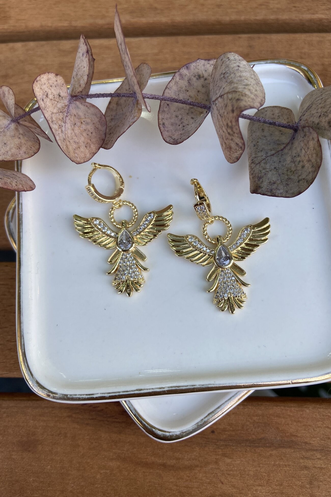 14K Altın Kaplama Beyaz Taşlı Anka Kuşu Küpe