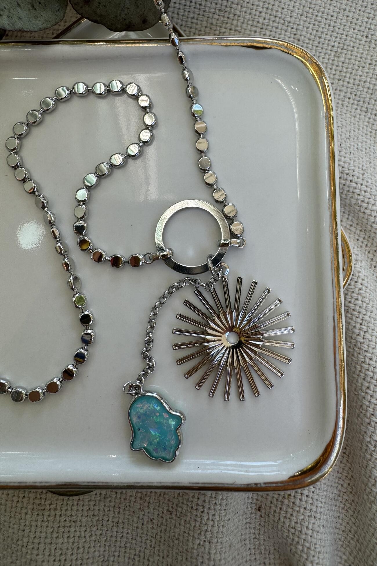 14K Altın Kaplama Ezme Zincirde Opal Fatma Ana Eli Kolye 65cm Silver