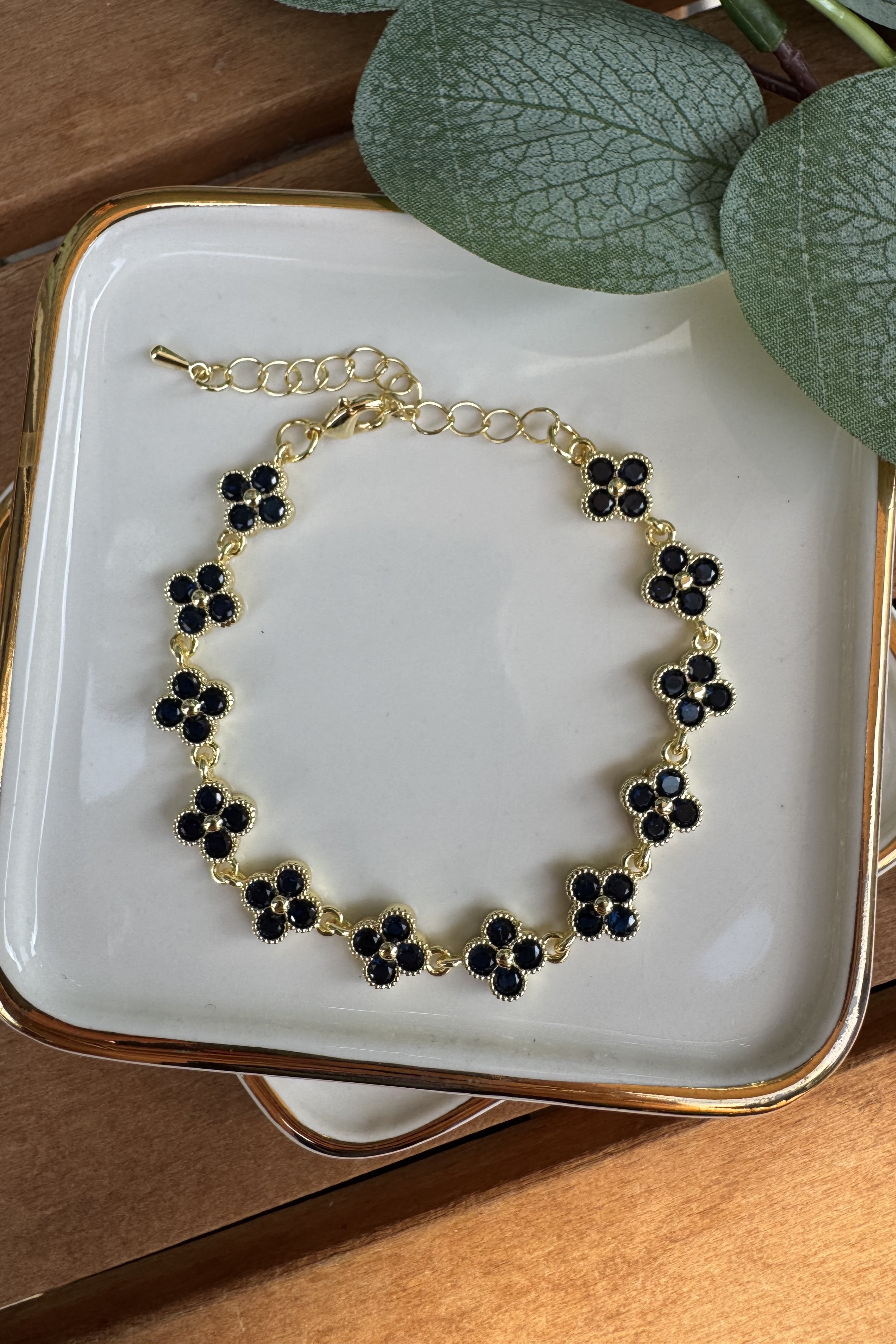 Bronz Lacivert Taşlı Yonca Bileklik Gold 15+6cm