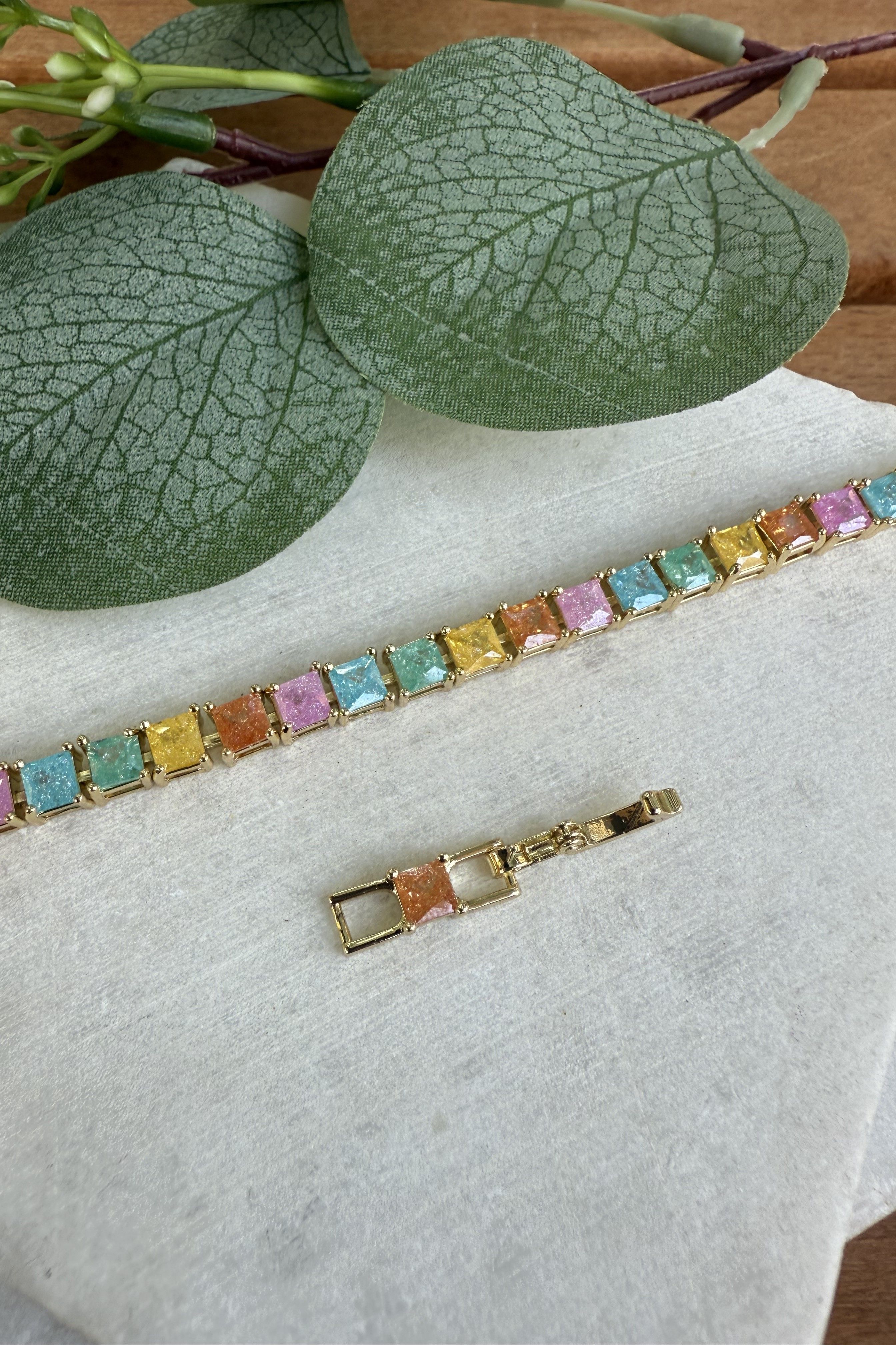 14K Altın Kaplama Renkli Kar Taşı Su Yolu Bileklik 16+2cm