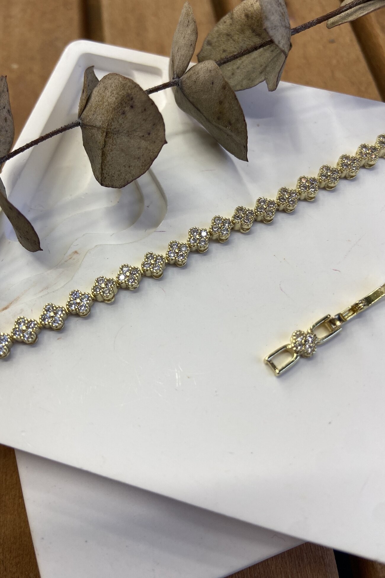 14K Altın Kaplama Taşlı Yonca Bileklik 17+2 cm