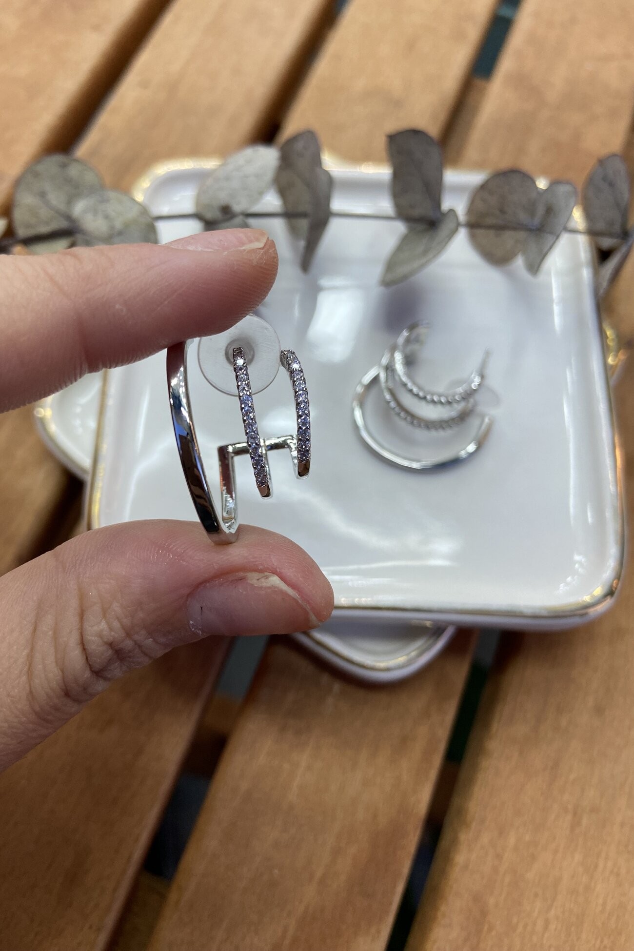 14K Altın Kaplama Taşlı Üçlü Görünümlü Küpe Silver