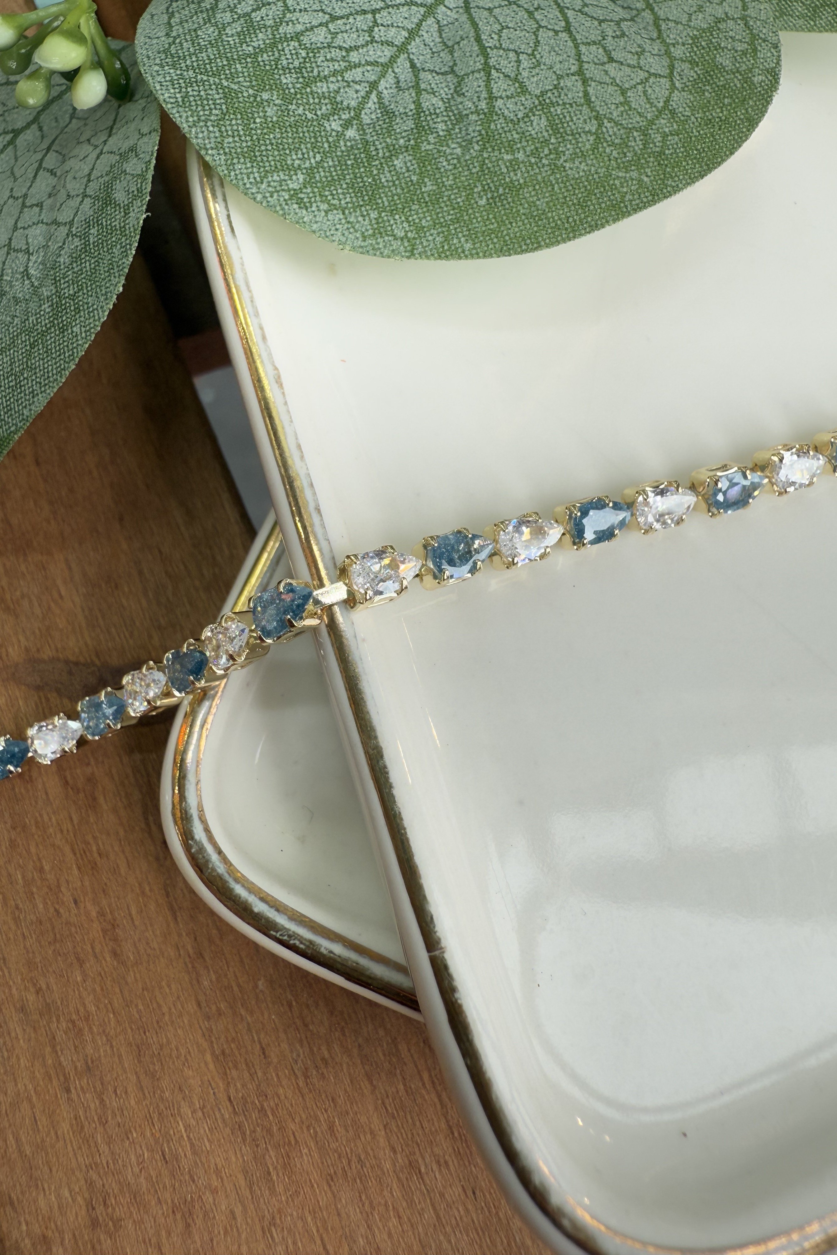 14K Altın Kaplama Mavi & Beyaz Taşlı Bileklik 17+1cm