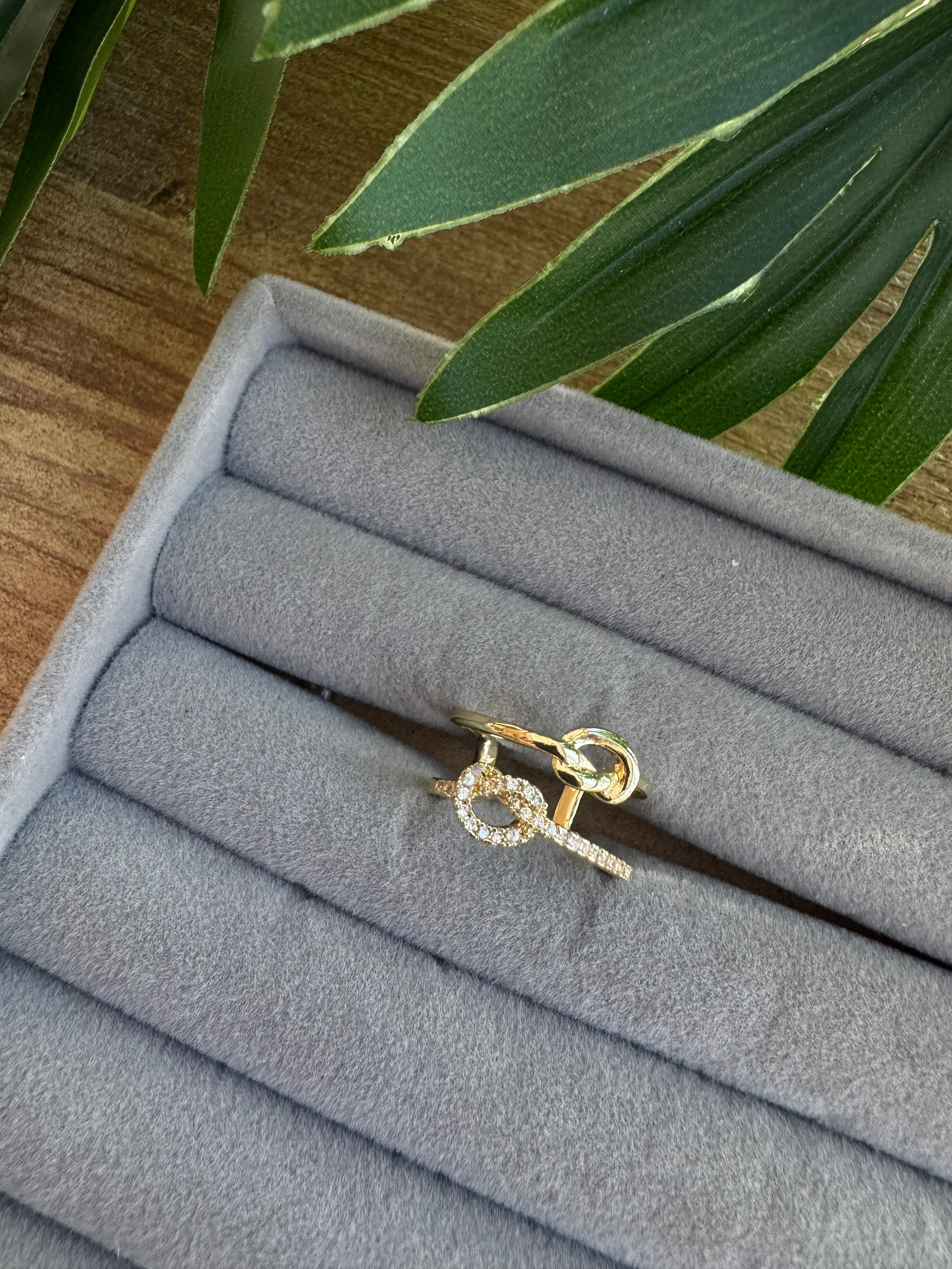 14K Altın Kaplama İkili Taşlı&Taşsız Düğüm Yüzük