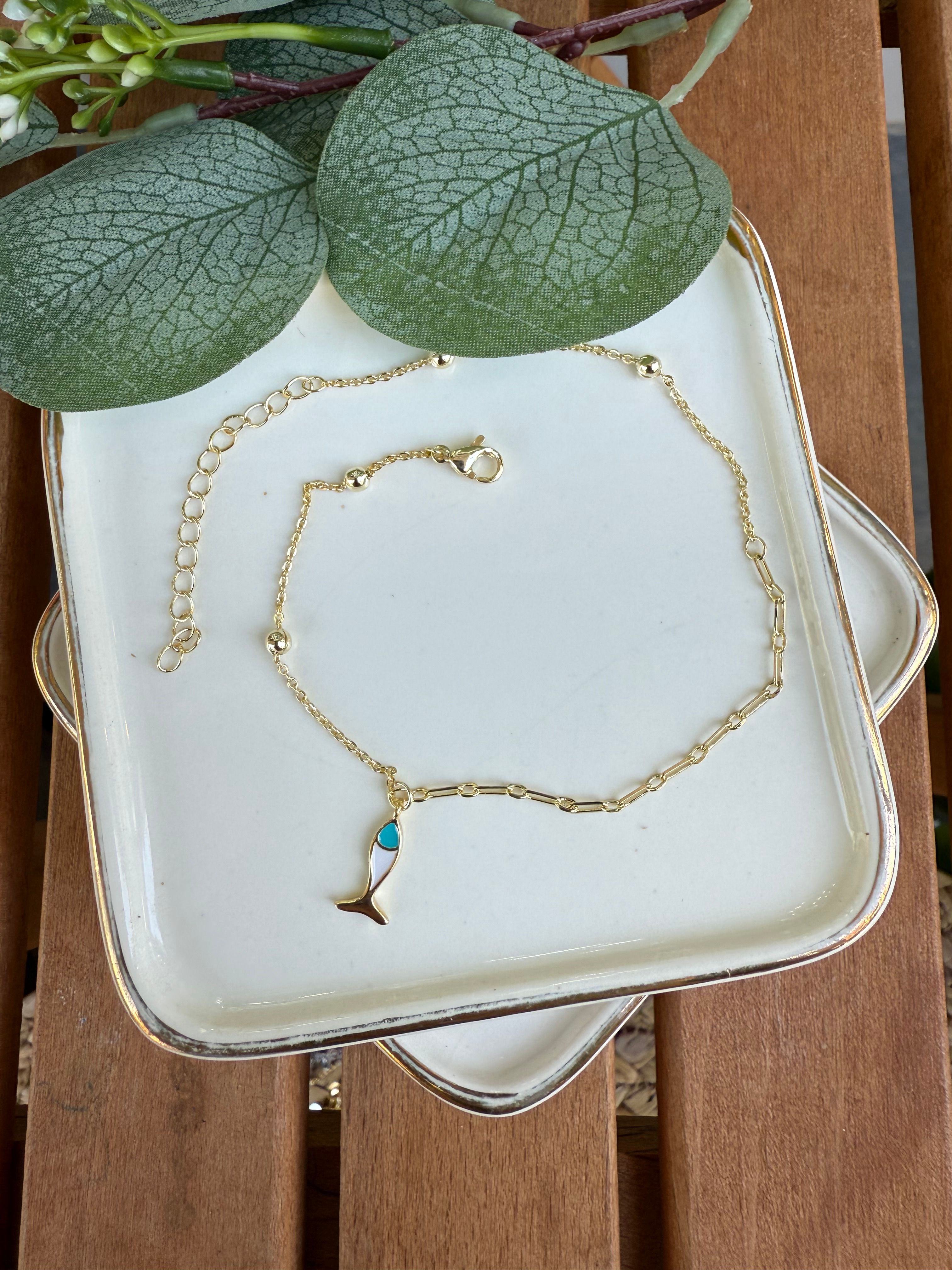 14K Altın Kaplama Beyaz Mineli Balık Halhal Gold 28cm