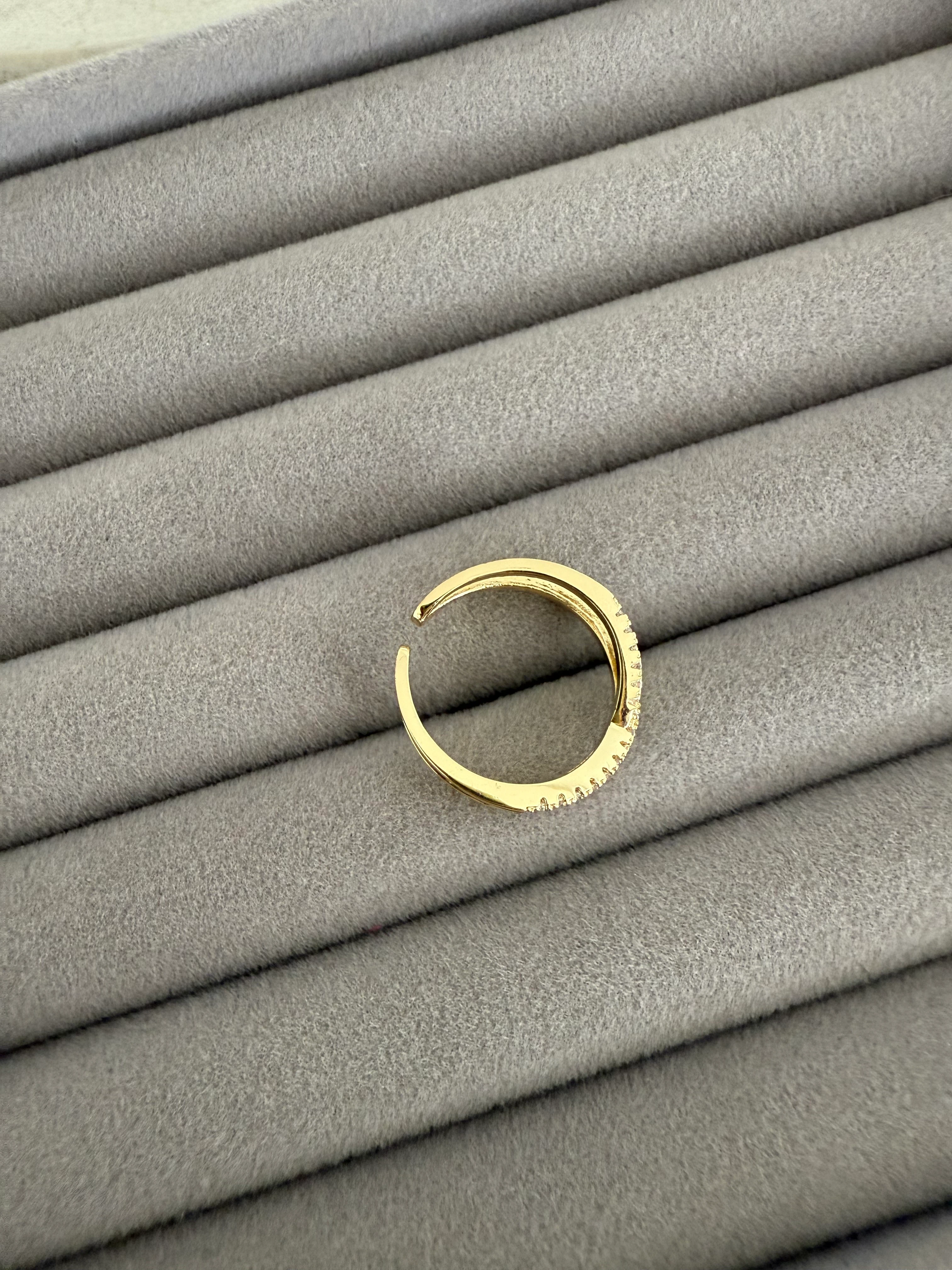 14K Altın Kaplama Mini Taşlı Çift Sıra X Yüzük Gold