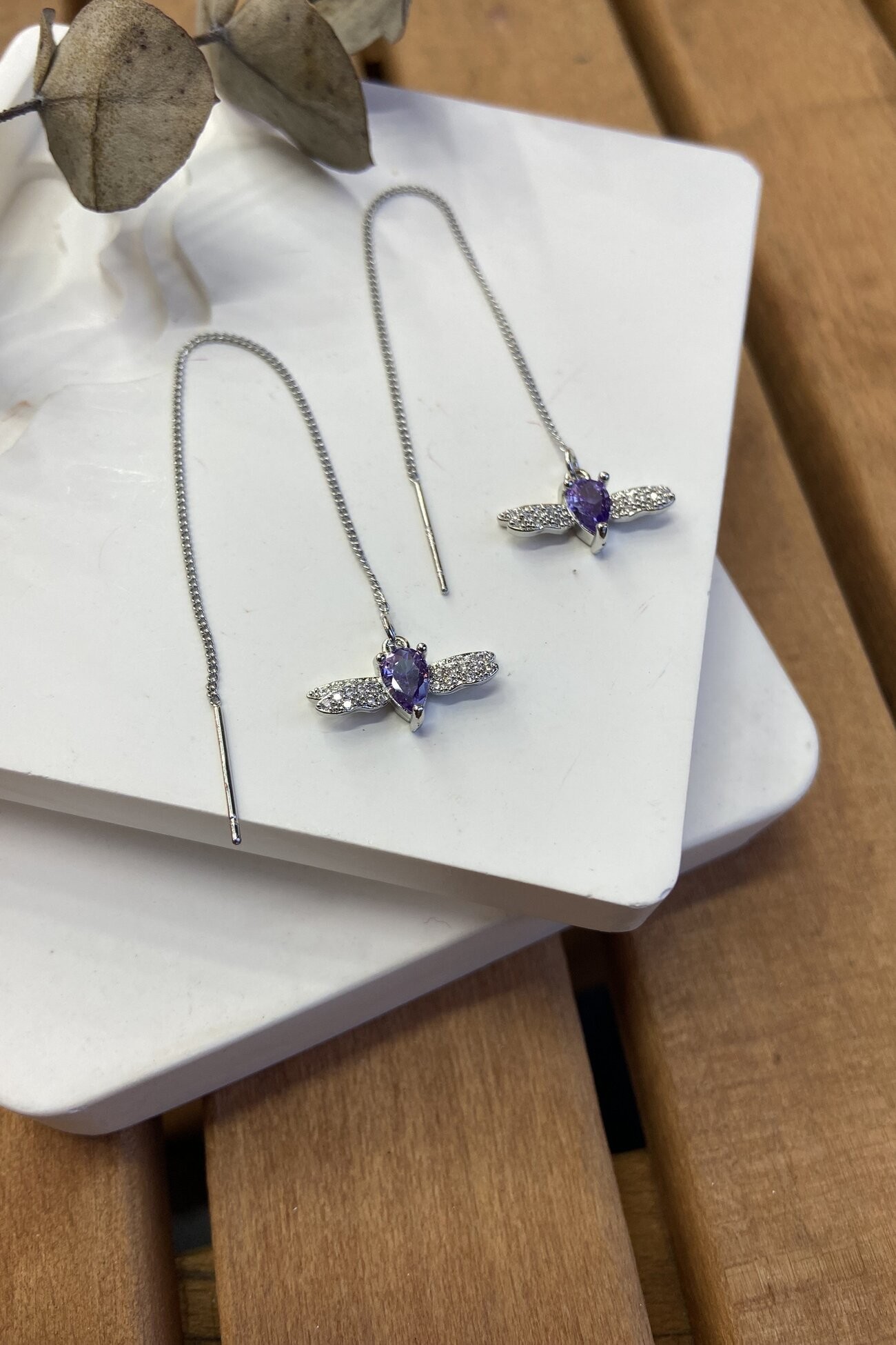 14K Altın Kaplama Yusufçuk Zincirli Küpe Silver