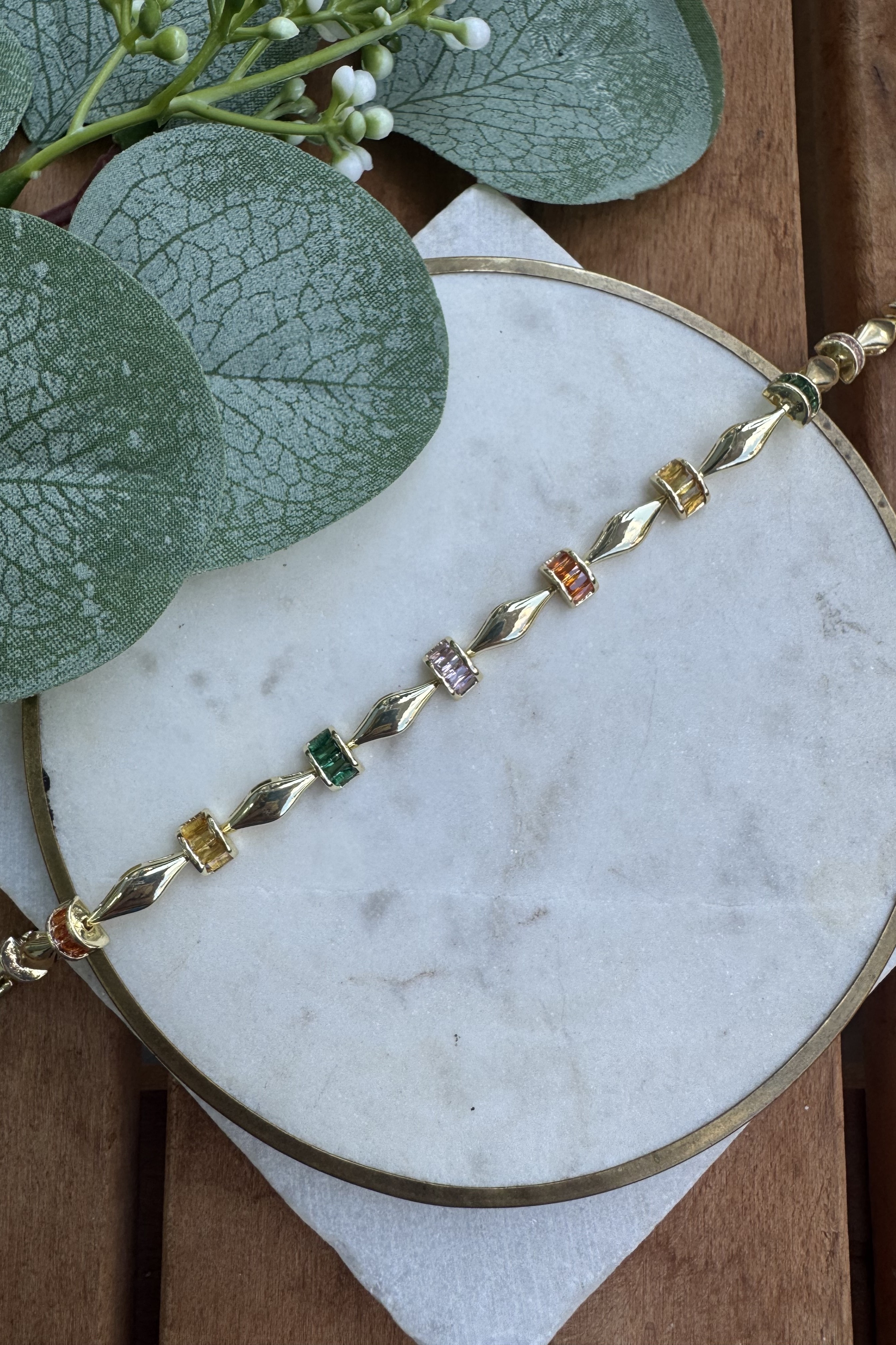 14K Altın Kaplama Renkli Taş Geçişli Bileklik 16.5+2cm
